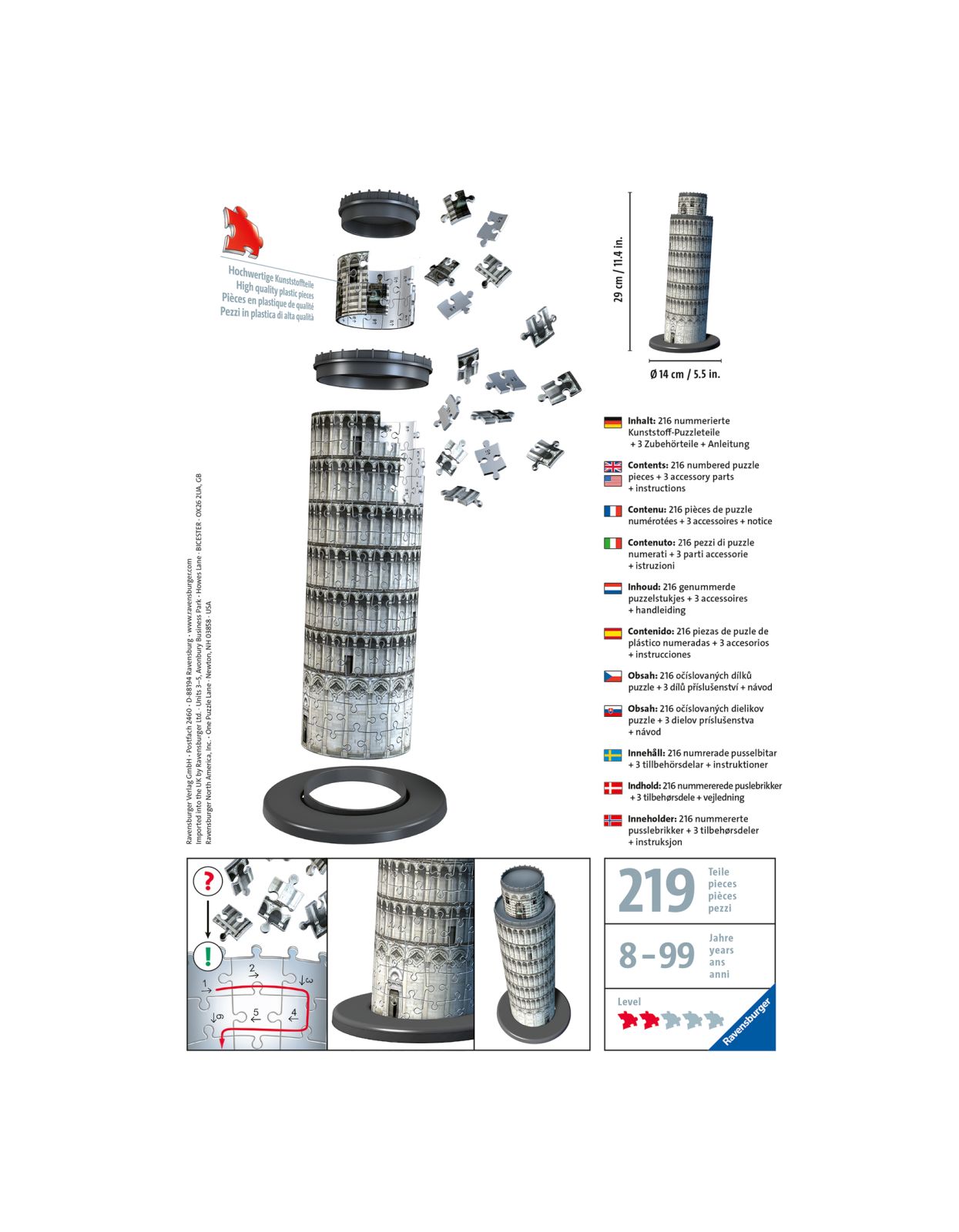 Ravensburger - 3d puzzle torre di pisa, italia, 216 pezzi, 10+ anni - RAVENSBURGER 3D PUZZLE