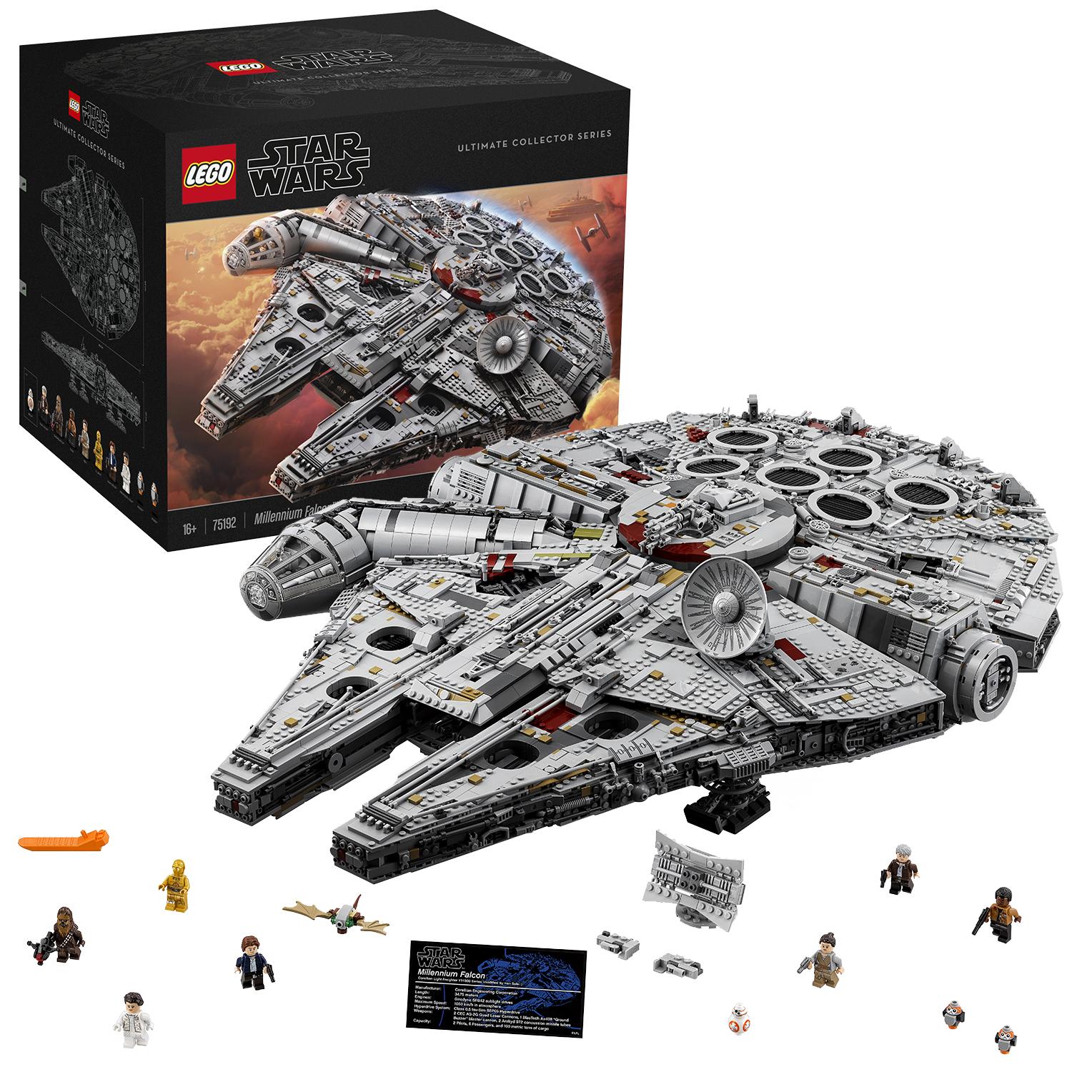 Lego star wars 75192 millennium falcon, modellino da costruire da collezione con minifigure leia, chewbecca, finn, c-3po, bb-8 - Disney, Star Wars