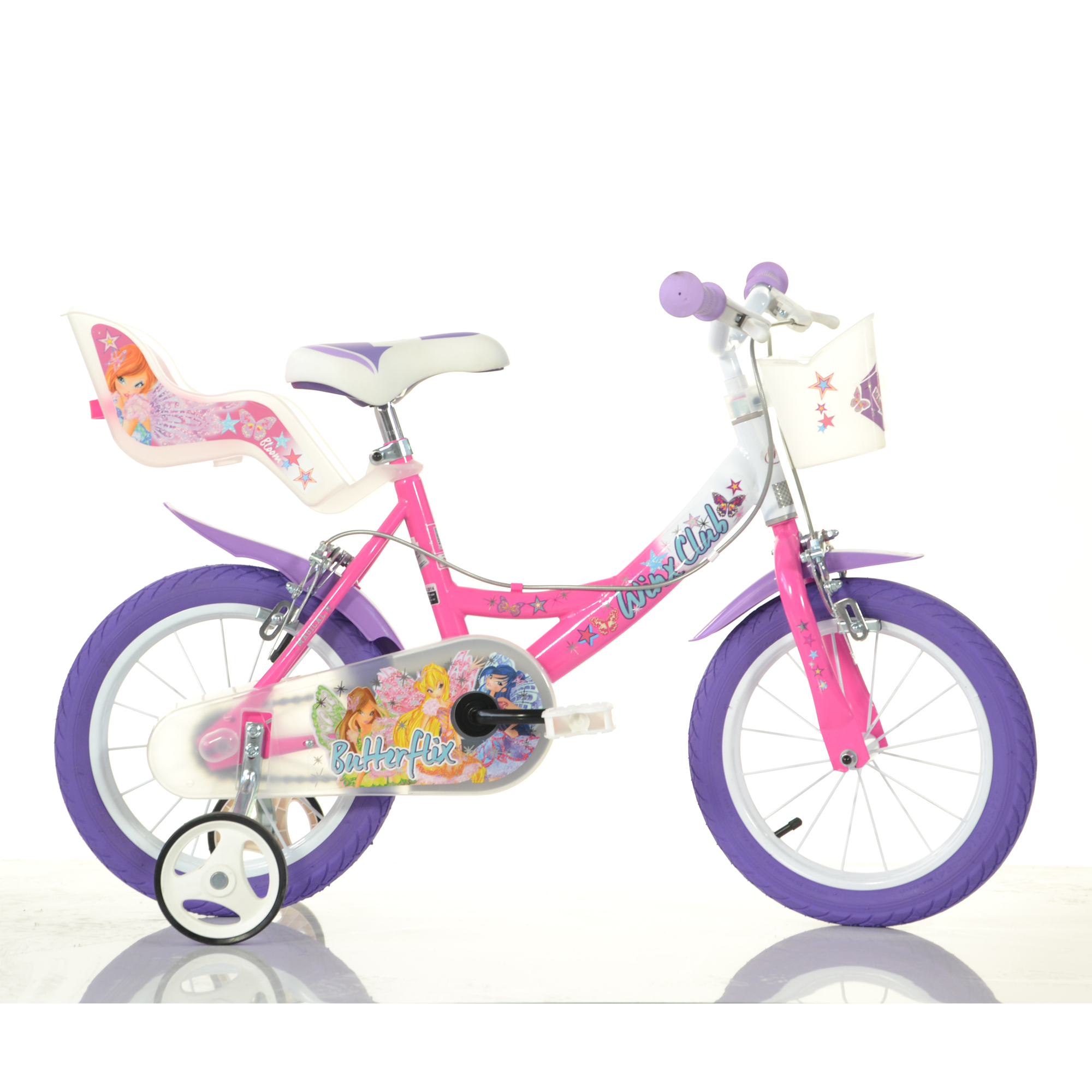 Bicicletta winx 16'' con portabambola, freno e cestino anteriore - adatta per bambini di 6-8 anni - WINX
