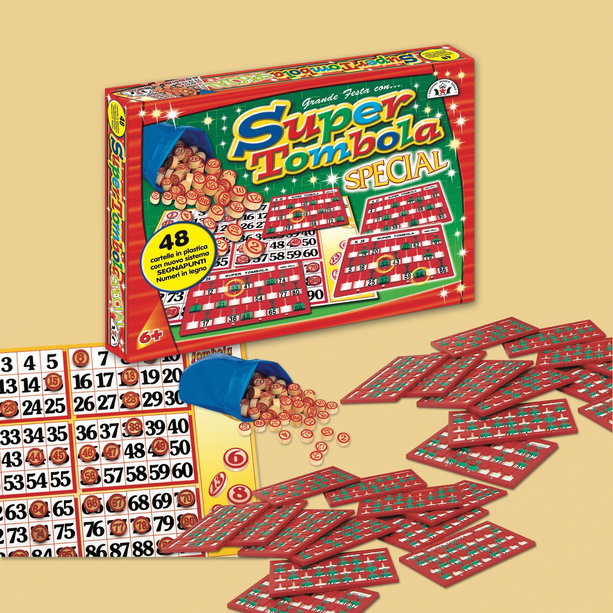 Set di gioco della tombola con tabellone principale, 48 carte e 90 numeri  La Gallina Matta