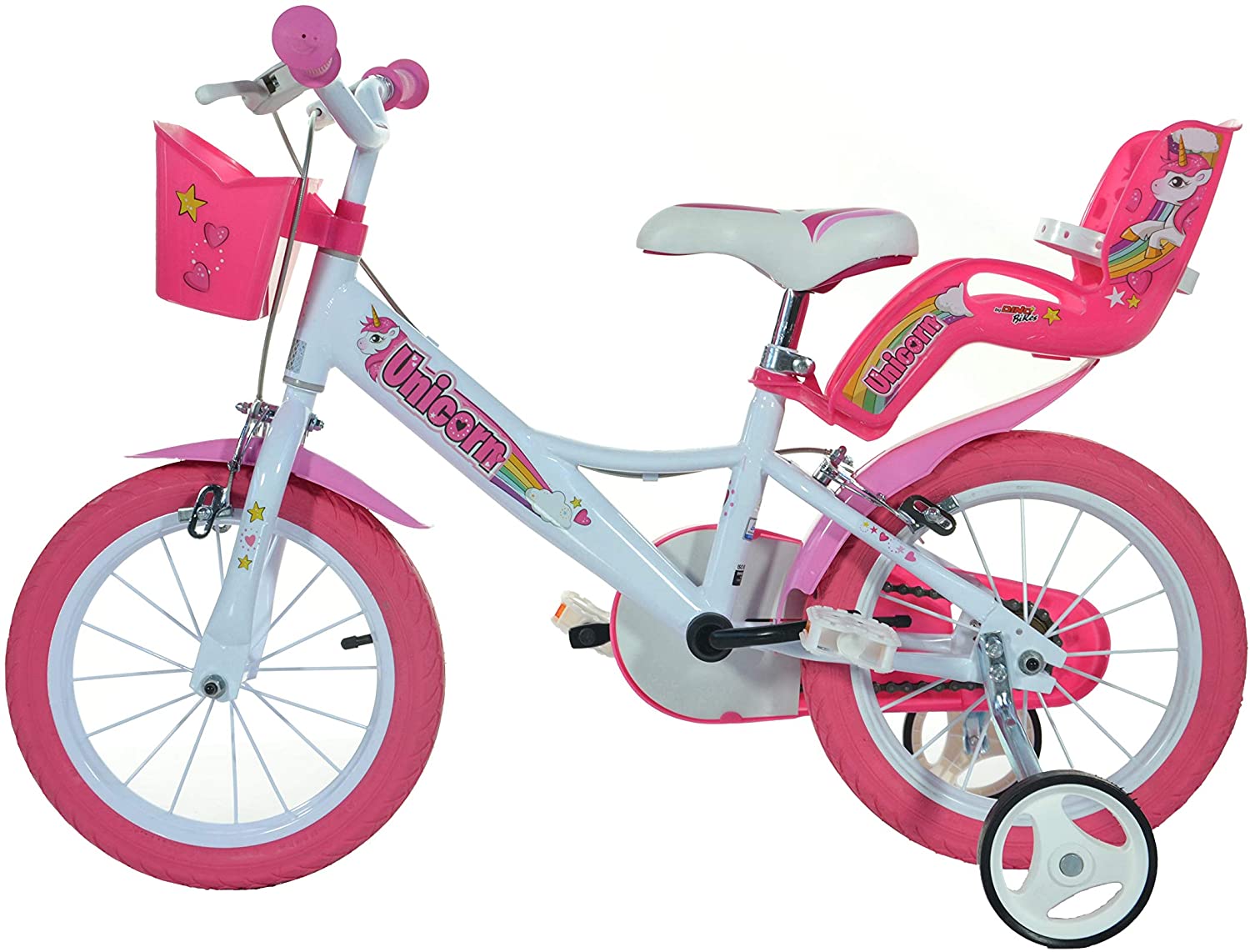 Bici bambina unicorn 14" - colori arcobaleno, telaio in acciaio, freni anteriori e posteriori, cestino, portabambola per bambine dai 5 ai 7 anni - 