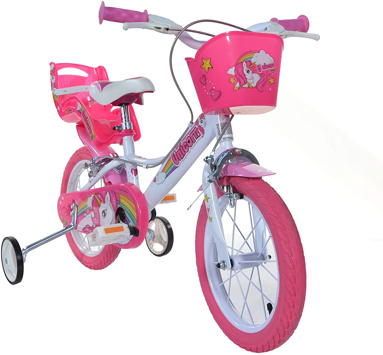 Bici bambina unicorn 14" - colori arcobaleno, telaio in acciaio, freni anteriori e posteriori, cestino, portabambola per bambine dai 5 ai 7 anni - 