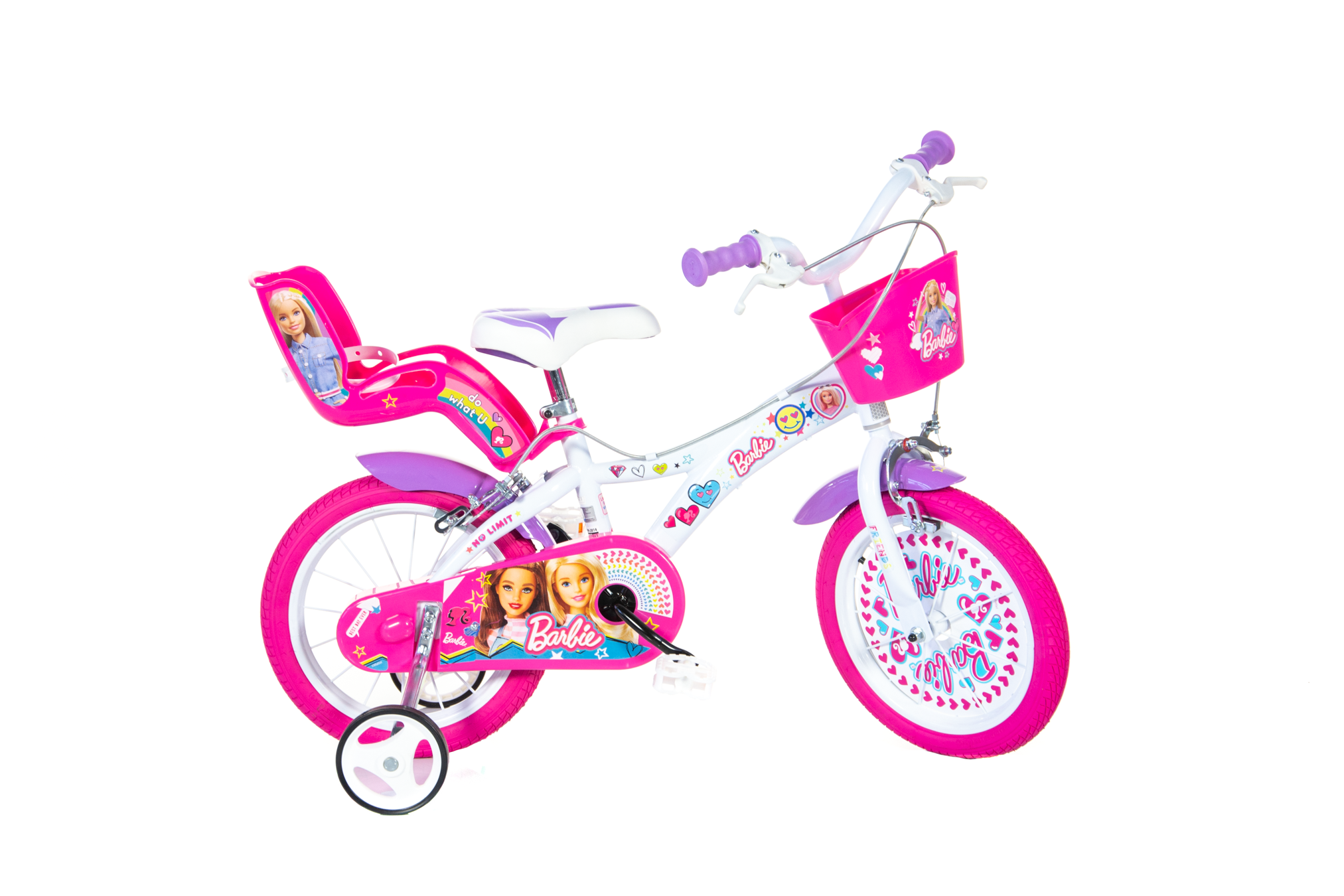 Bicicletta barbie 14". disco ruota, stabilizzatori, porta bambola e cestino anteriore - adatta dai 5 ai 7 anni - Barbie