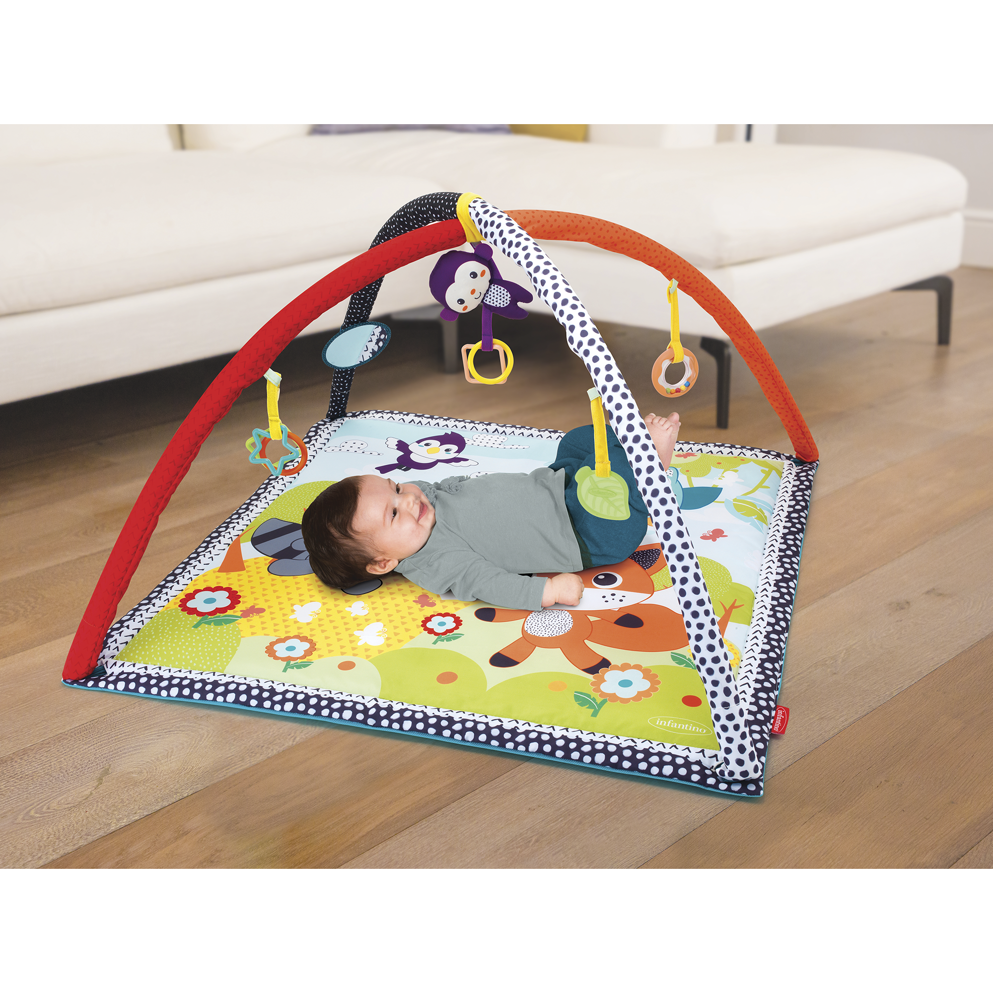 Palestrina per neonati con tappetino imbottito archi borsa 4 giocattoli  sensoriali, Palestra bambini multifunzione - Costway