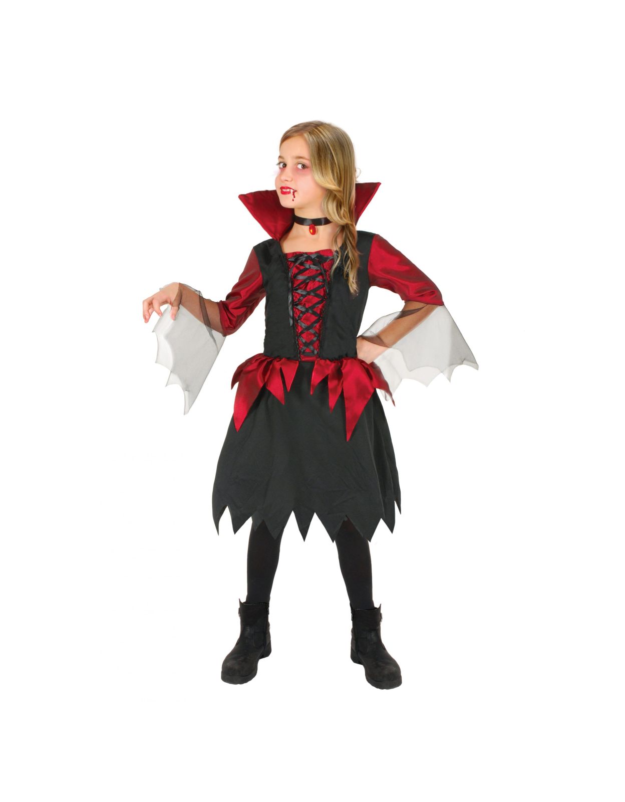 Abito vampira per bambina (7-10 anni) con collo e choker - costume halloween in busta stampata - 