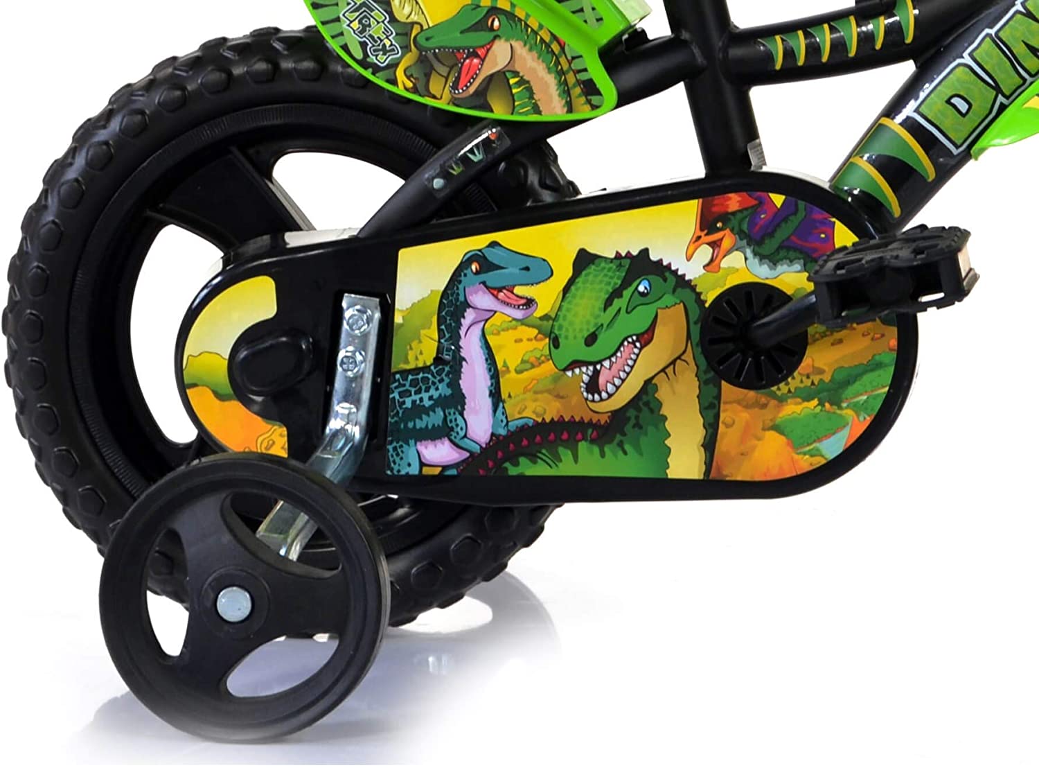 Bicicletta 14 pollici bicicletta dinosauro per bambini con stabilizzatori, mascherina frontale - adatta dai 5 ai 7 anni - 