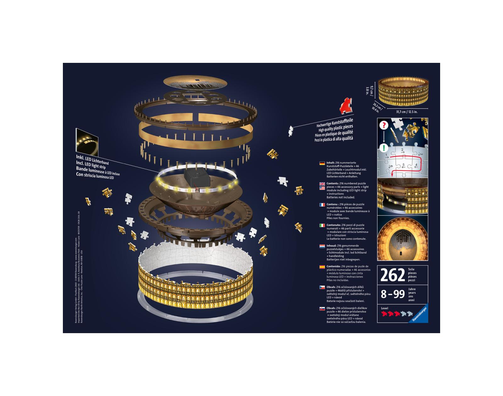 Ravensburger - 3d puzzle colosseo night edition, roma, 216 pezzi, 10+ anni - RAVENSBURGER 3D PUZZLE