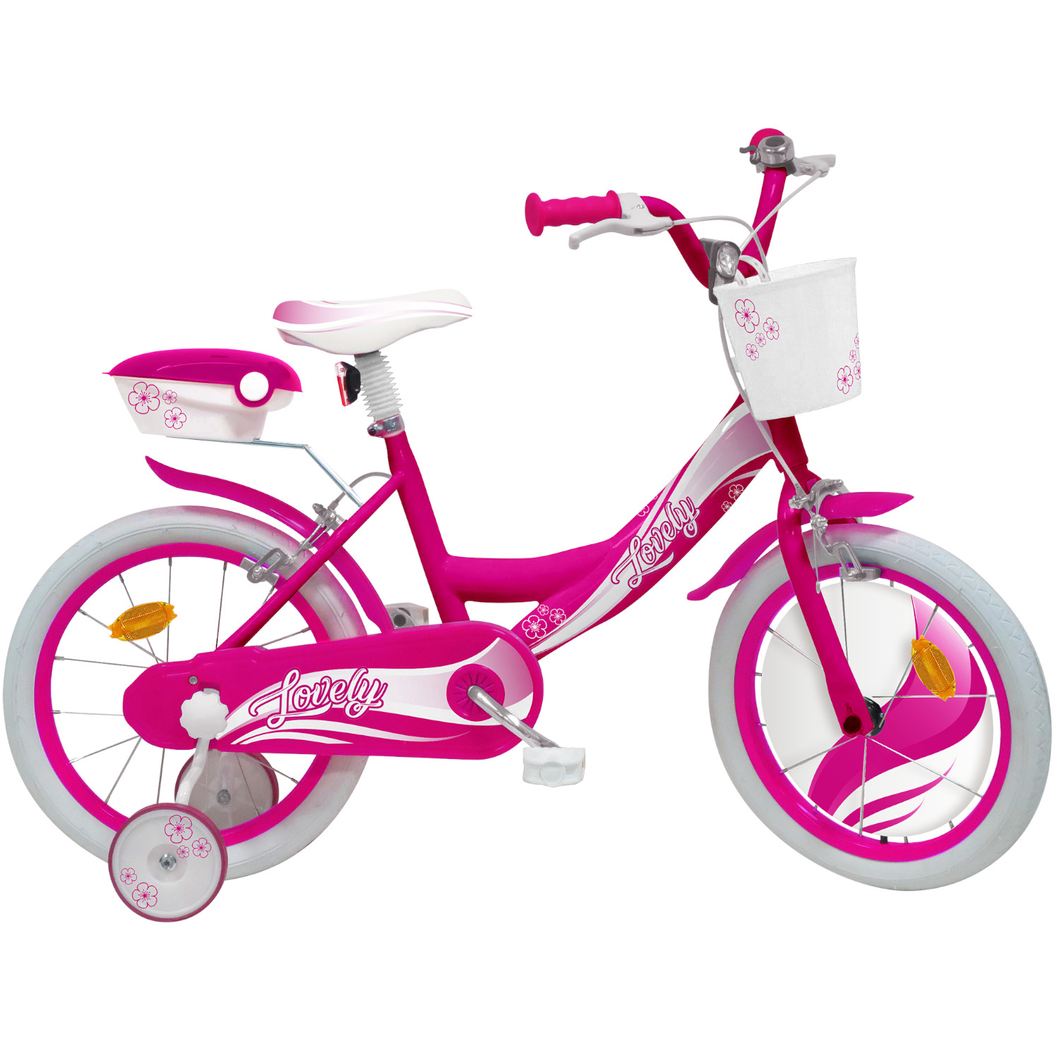 Bicicletta 16" - fucsia - 2 freni caliper - bauletto, cestello e disco colorato nella ruota anteriore inclusi - adatta per  bambini dai 8-12 anni - SUN&SPORT