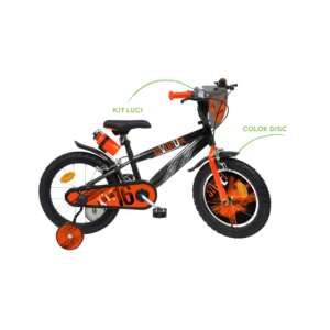 Bicicletta 16" - arancione. 2 freni caliper - borraccia e mascherina frontale e disco colorato nella ruota anteriore inclusi - adatta per  bambini dai 8-12 anni - SUN&SPORT