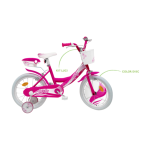 Bicicletta 14" - fucsia - bauletto, cestello e disco colorato nella ruota anteriore inclusi - adatta per  bambini dai 5-7 anni - SUN&SPORT