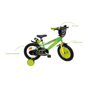 Bicicletta 14" - verde - bauletto, cestello e disco colorato nella ruota anteriore inclusi - adatta per  bambini dai 5-7 anni - SUN&SPORT