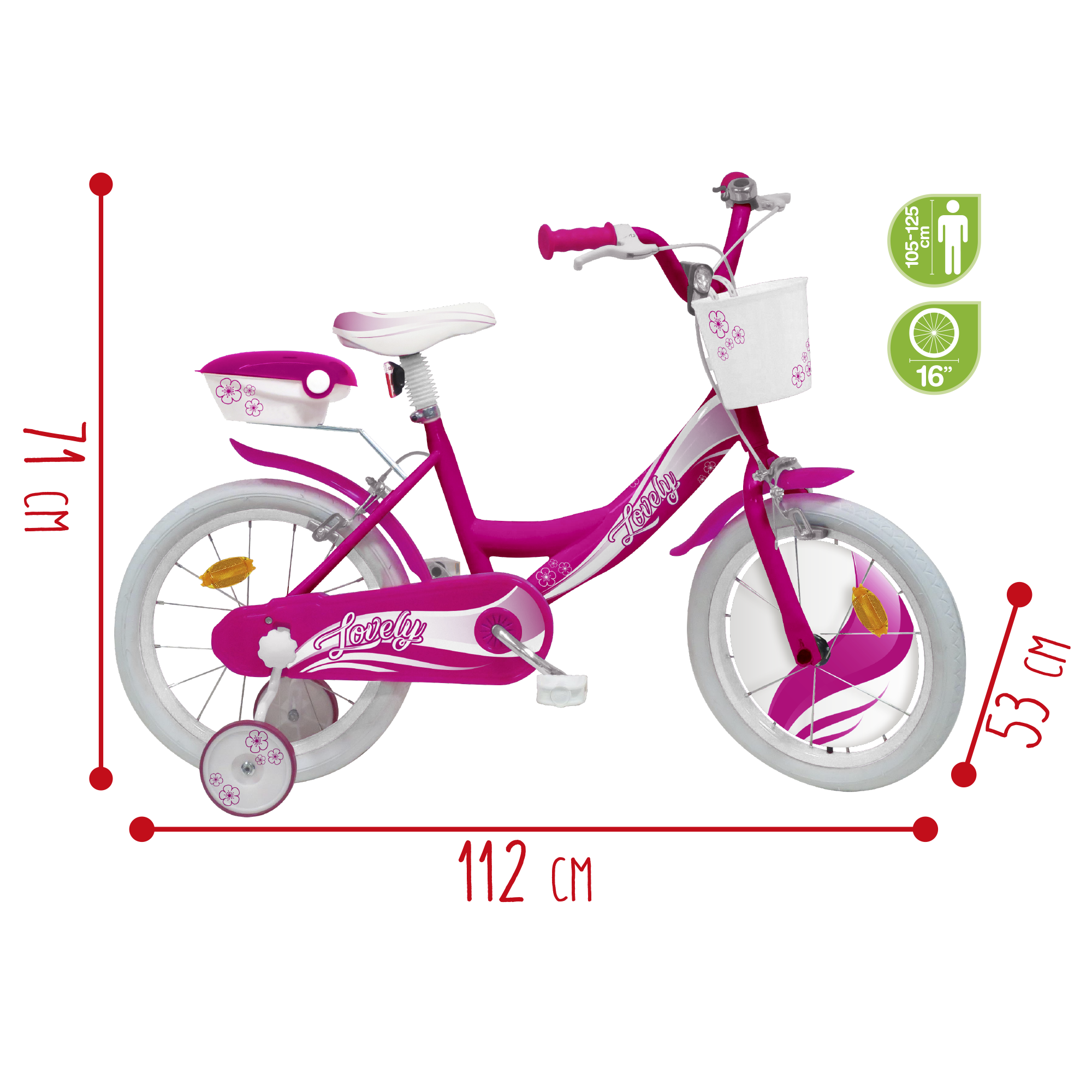 Bicicletta 16" - fucsia - 2 freni caliper - bauletto, cestello e disco colorato nella ruota anteriore inclusi - adatta per  bambini dai 8-12 anni - SUN&SPORT
