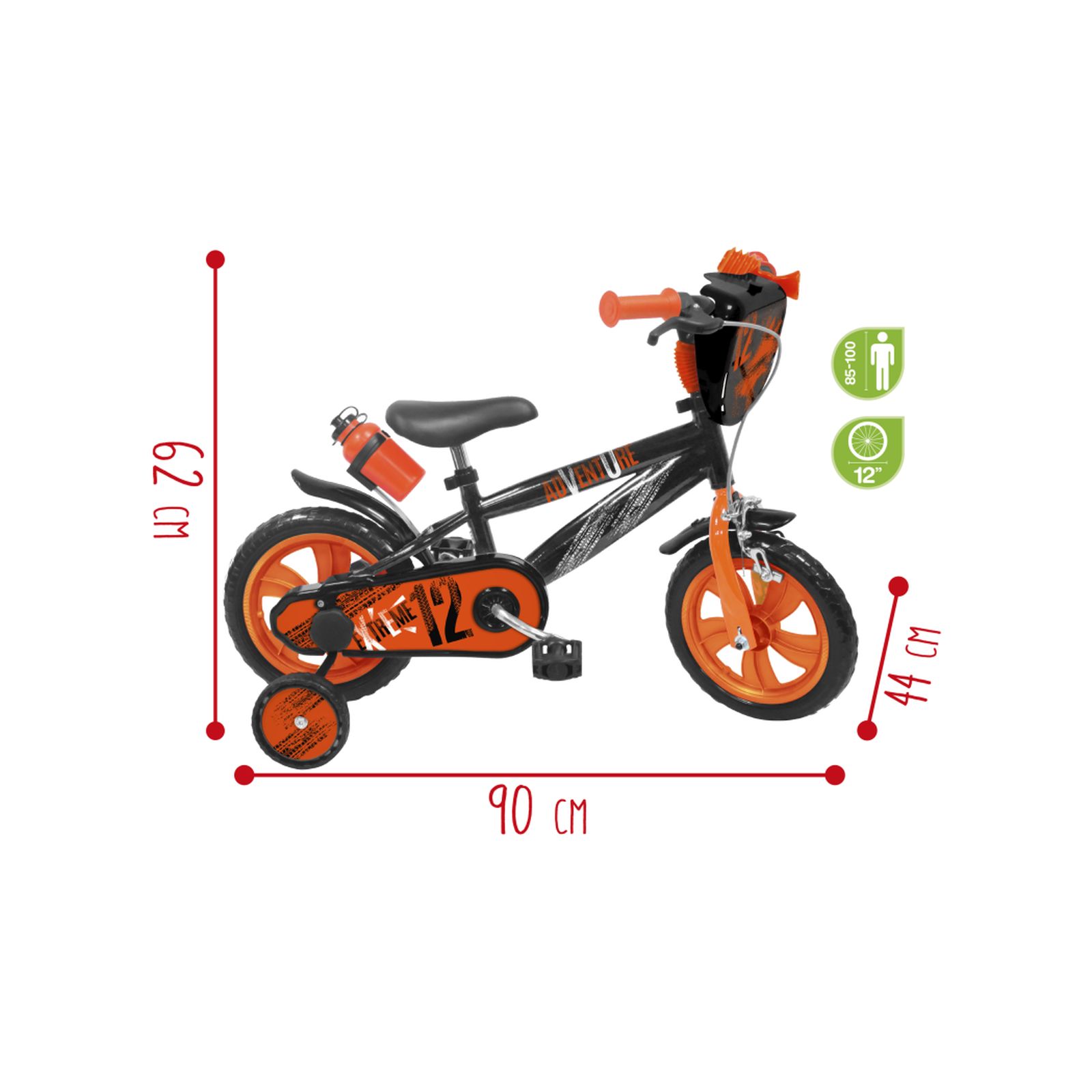 Bicicletta 12" - arancione - freno caliper frontale - borraccia e mascherina frontale incluse - adatta per  bambini dai 3-5 anni - SUN&SPORT