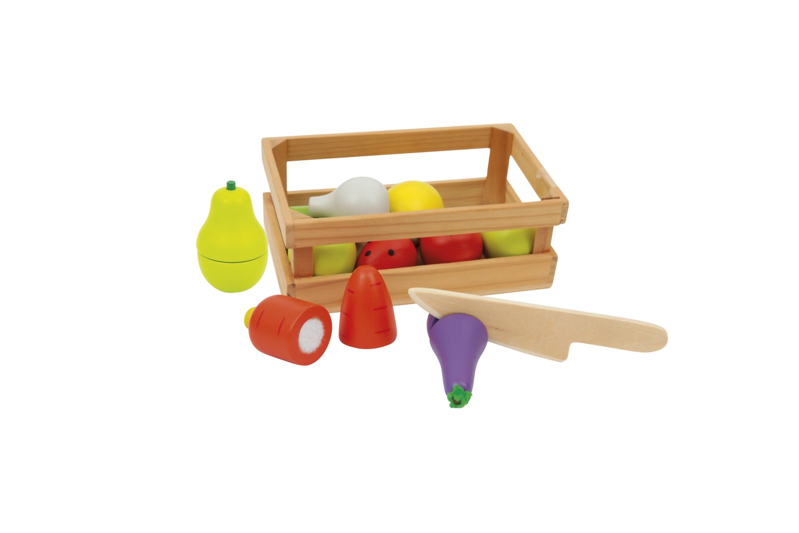 Taglia frutta e verdura fingendo di essere un set di giocattoli da cucina  per bambini