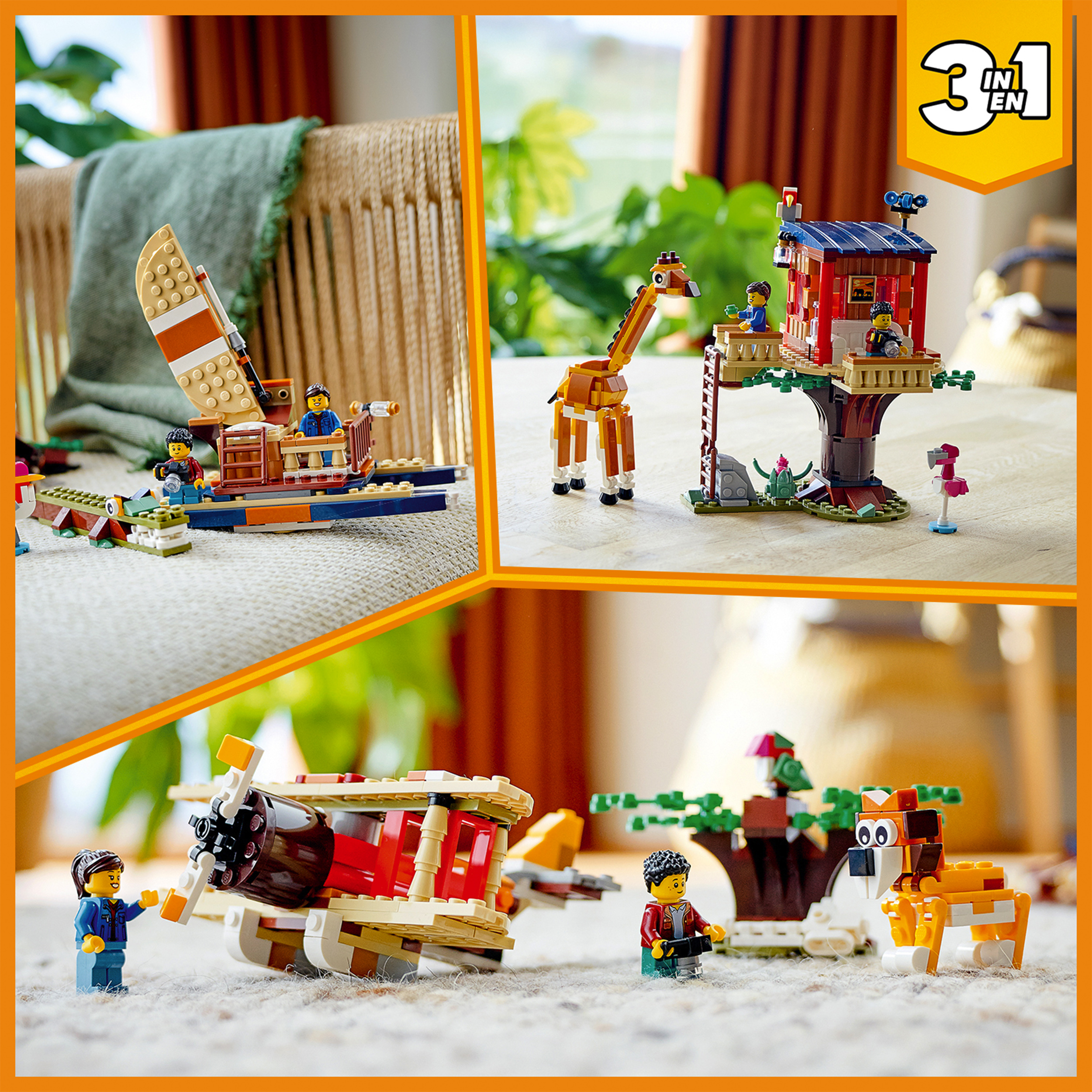 Lego creator 3 in 1 casa sull’albero del safari, biplano e catamarano, giocattoli per bambini con barca, aereo e leone, 31116 - LEGO CREATOR, Lego