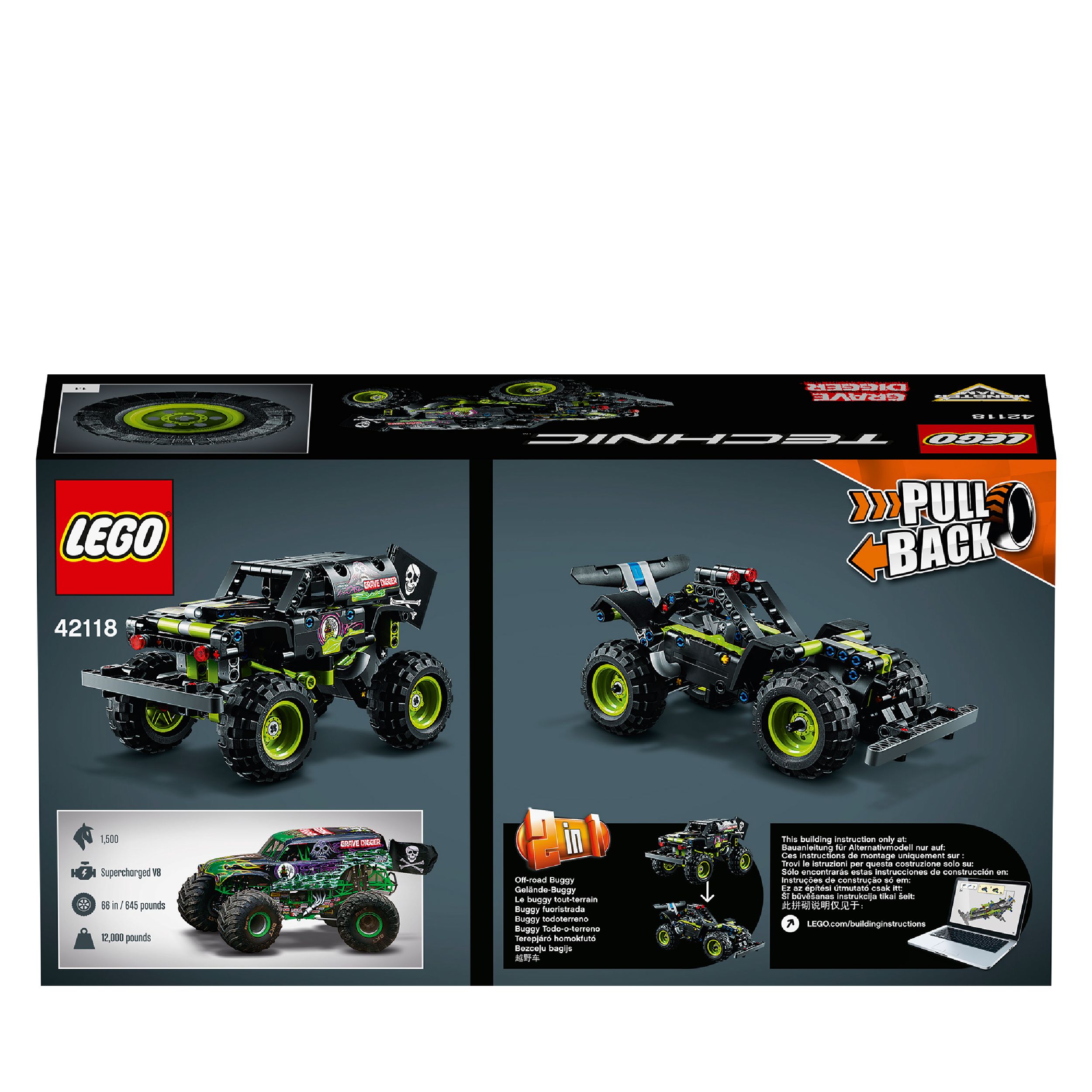 Lego technic 42118 monster jam grave digger, kit 2 in 1 da truck a buggy fuoristrada con azione pull-back, giochi per bambini - LEGO TECHNIC, Lego