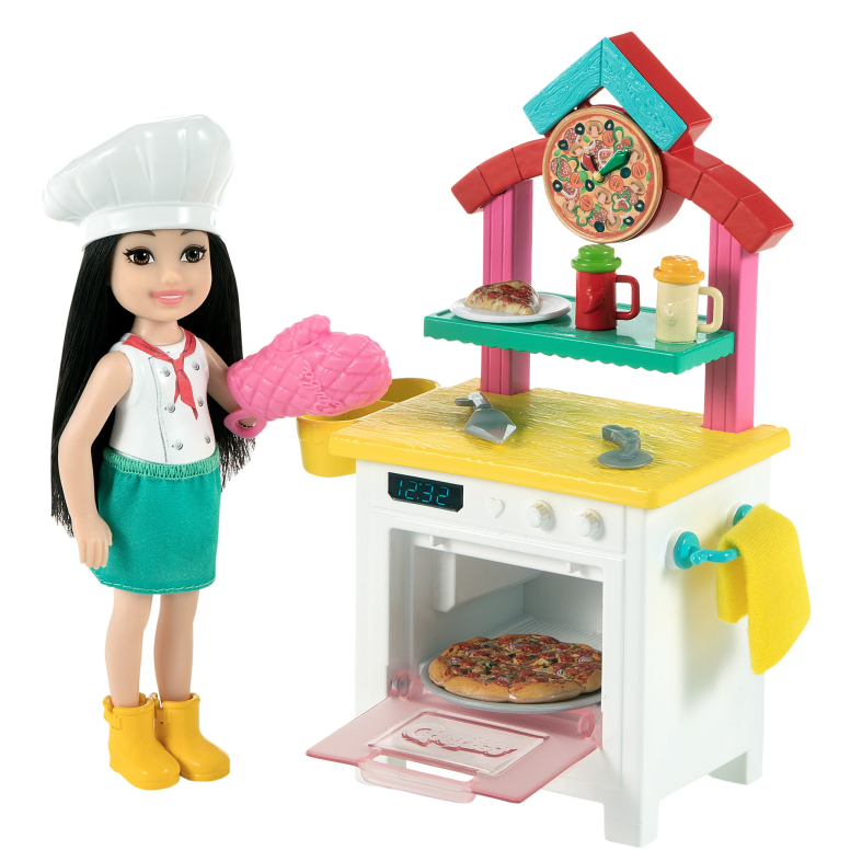 Barbie- playset pizzeria con bambola chelsea bruna, forno per pizze e tanti accessori, 3+anni - Barbie