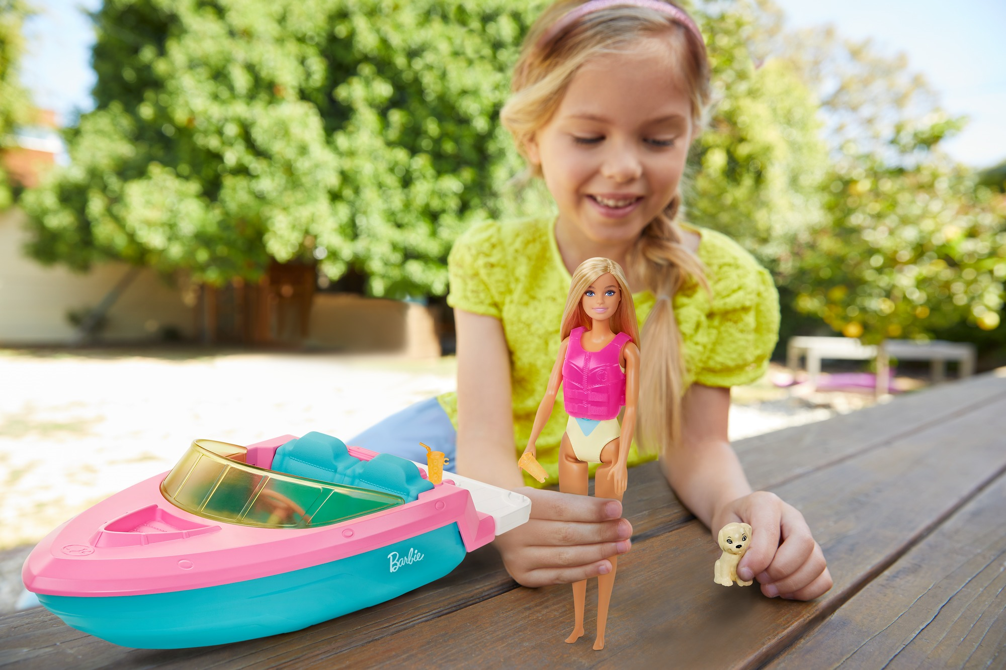 Barbie playset con bambola bionda, motoscafo galleggiante, cucciolo e accessori, 3+anni - Barbie