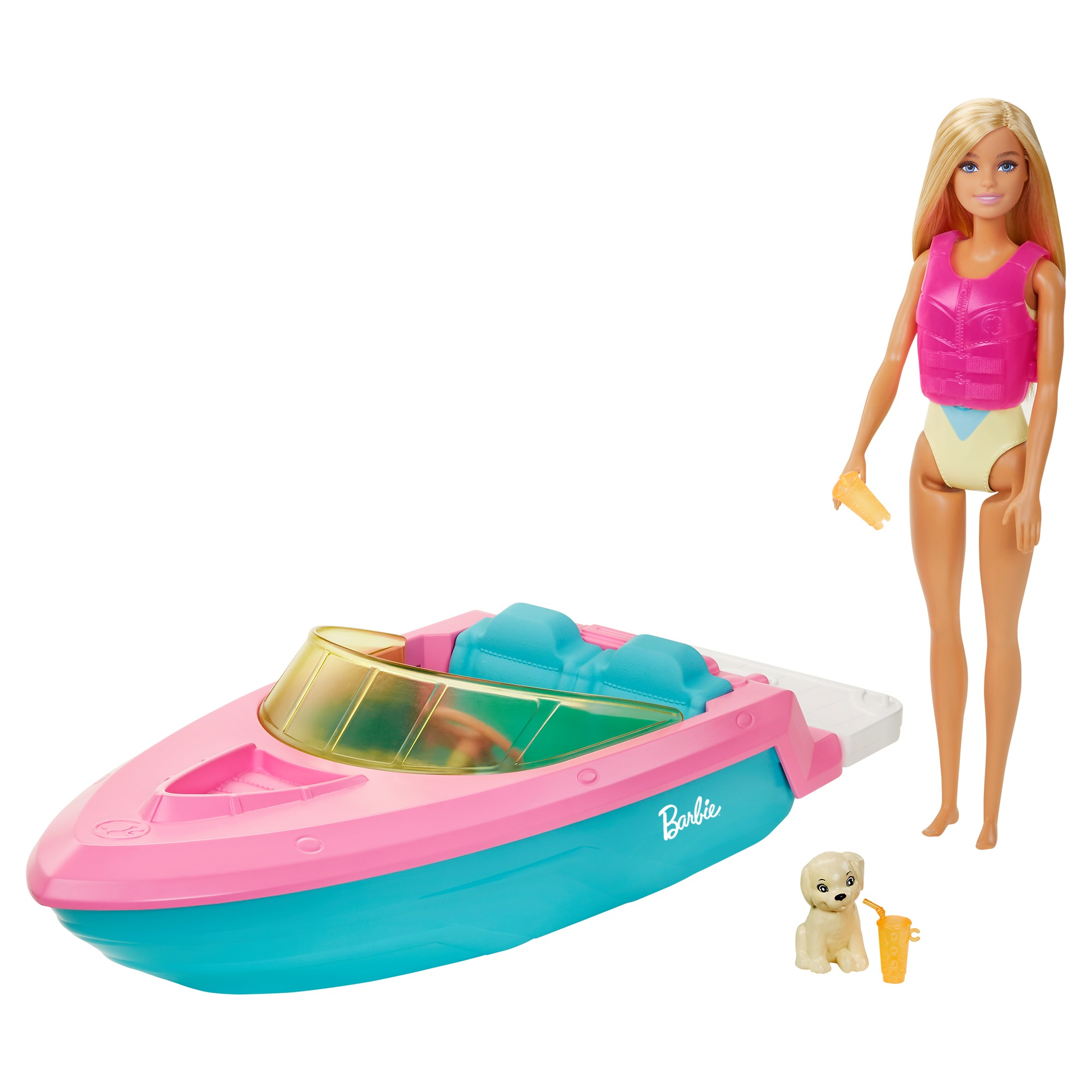 Barbie playset con bambola bionda, motoscafo galleggiante, cucciolo e accessori, 3+anni - Barbie