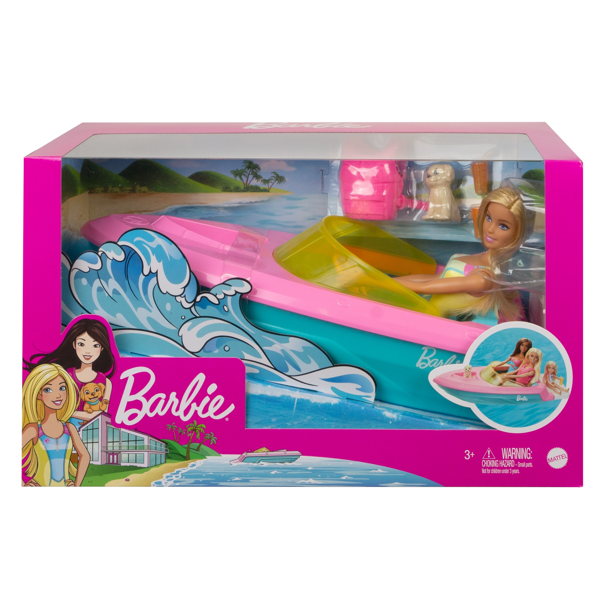 Barbie playset con bambola bionda, motoscafo galleggiante, cucciolo e accessori, 3+anni - Barbie