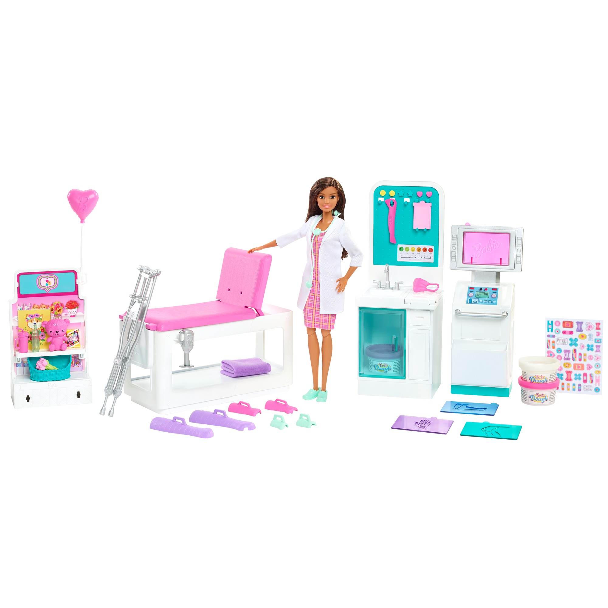 Barbie - dottoressa clinica di pronto soccorso, con capelli scuri, 4 aree da gioco ed oltre 30 pezzi inclusi, per bambini 3+ anni - Barbie