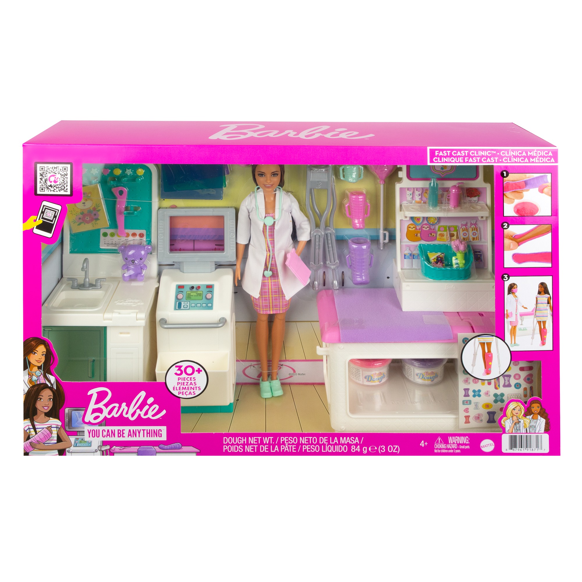 Barbie - dottoressa clinica di pronto soccorso, con capelli scuri, 4 aree da gioco ed oltre 30 pezzi inclusi, per bambini 3+ anni - Barbie