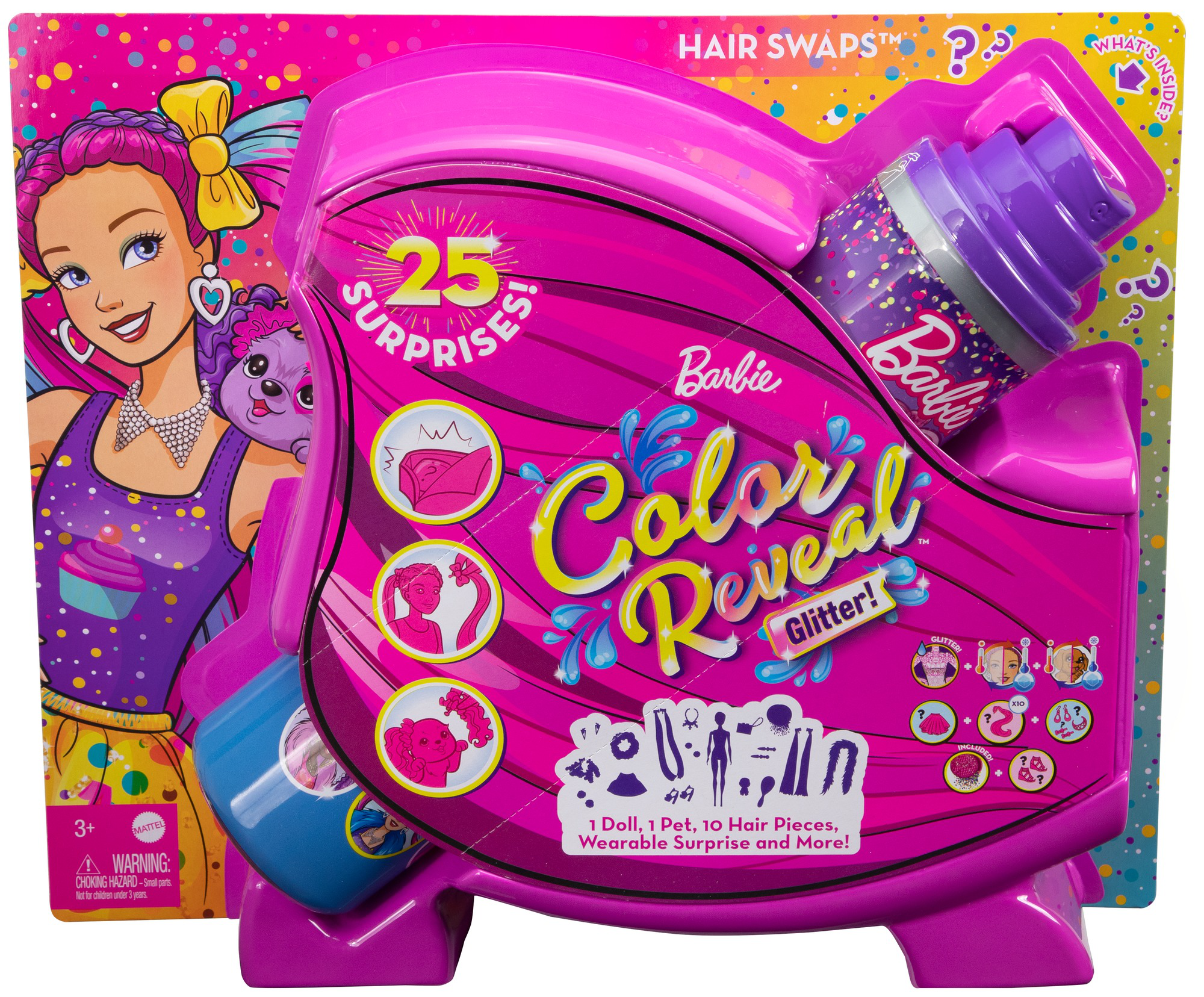 Barbie - color reveal ultimate hairstyling glitter, assortimento casuale, bambole con 25 sorprese - Barbie