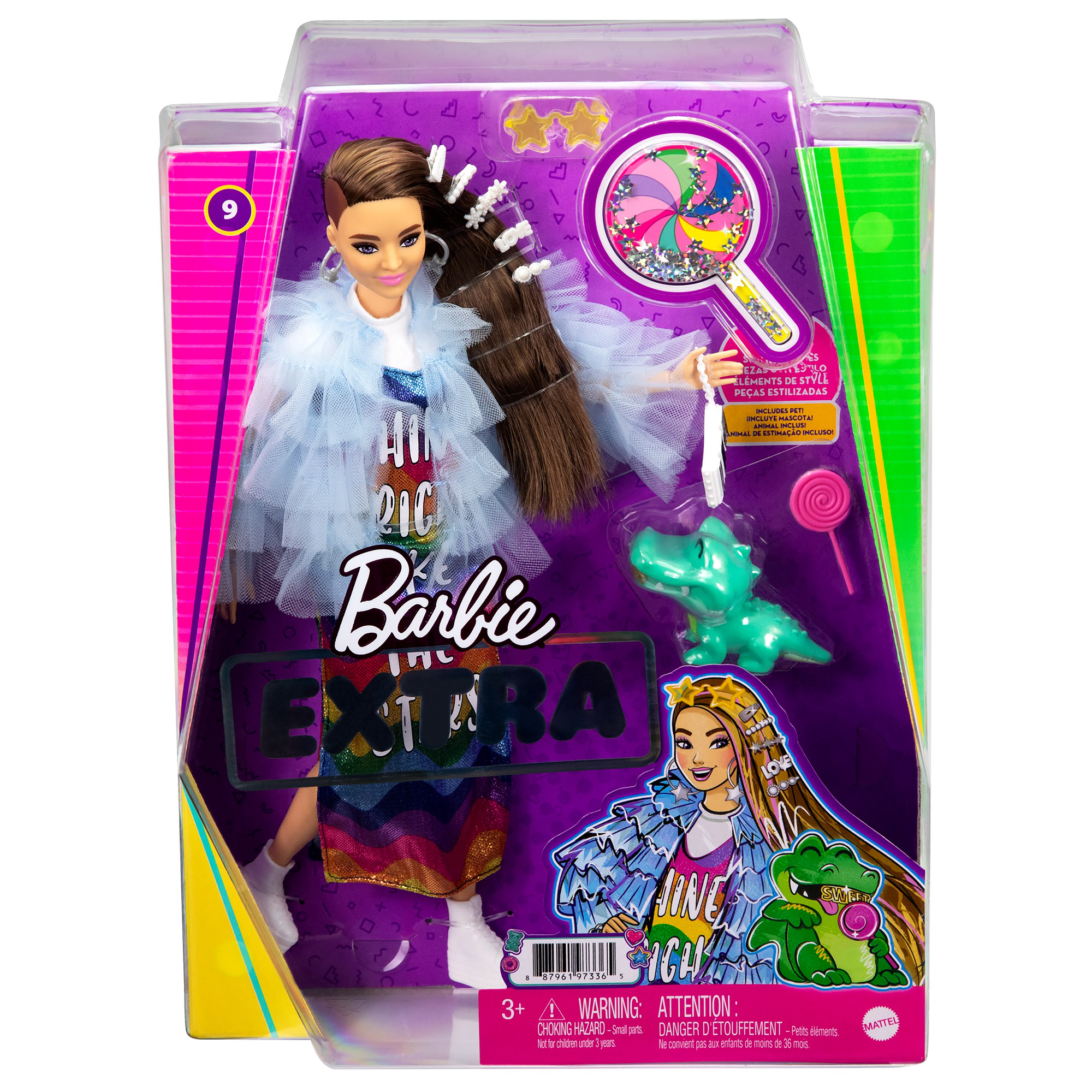 ​barbie extra - bambola mora con capelli lunghi e giacca blu, cucciolo di coccodrillo, 3+ anni - Barbie