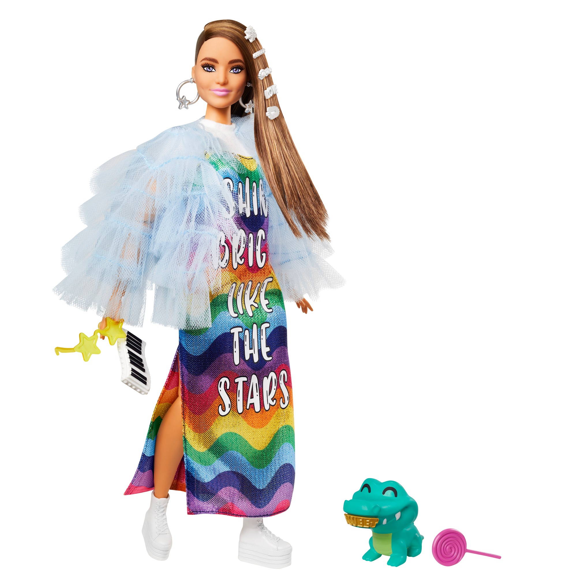 ​barbie extra - bambola mora con capelli lunghi e giacca blu, cucciolo di coccodrillo, 3+ anni - Barbie