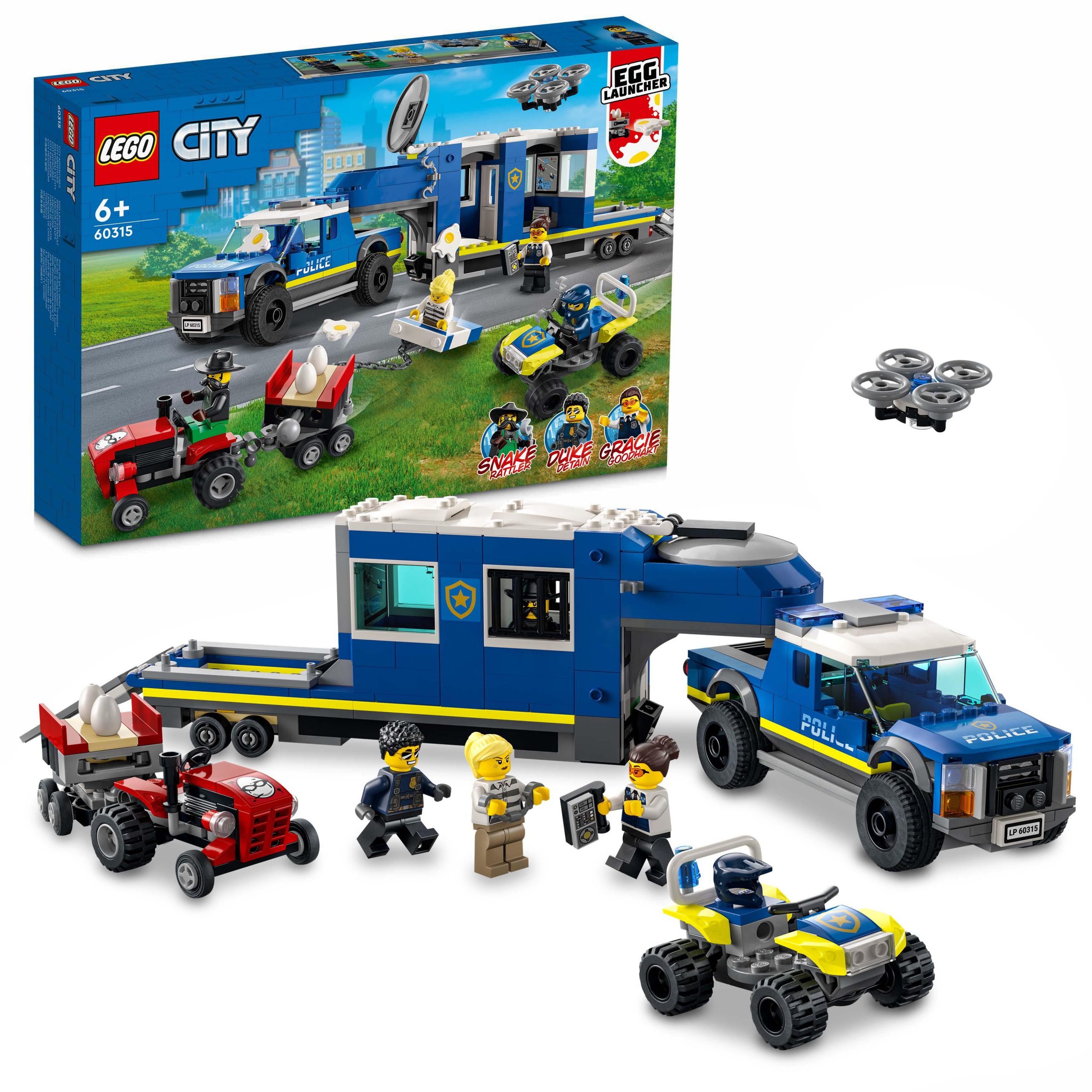 Lego city police camion centro di comando della polizia, atv, drone, 4  minifigure e trattore giocattolo, idea regalo, 60315 - Toys Center