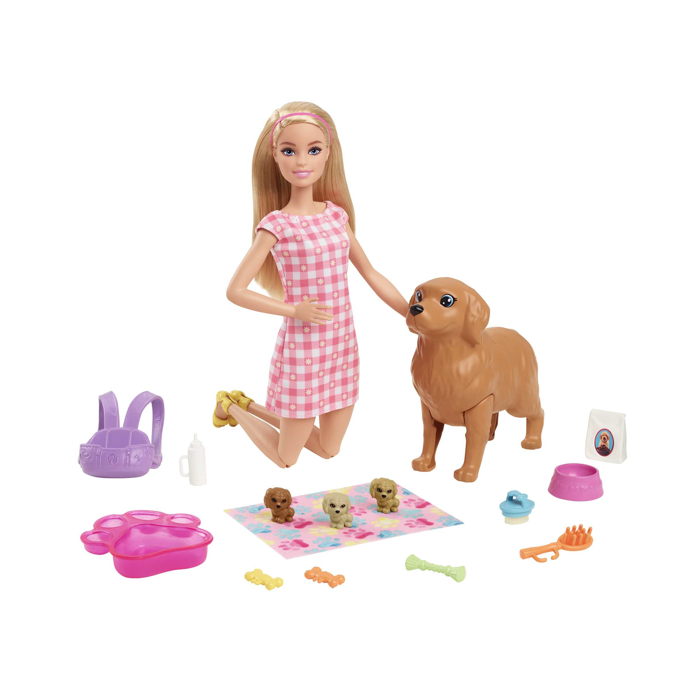 Barbie, playset cuccioli appena nati con bambola barbie bionda, cane che partorisce, 3 cuccioli e funzione cambia colore e accessori per accudirli, giocattolo per bambini 3+ anni - Barbie