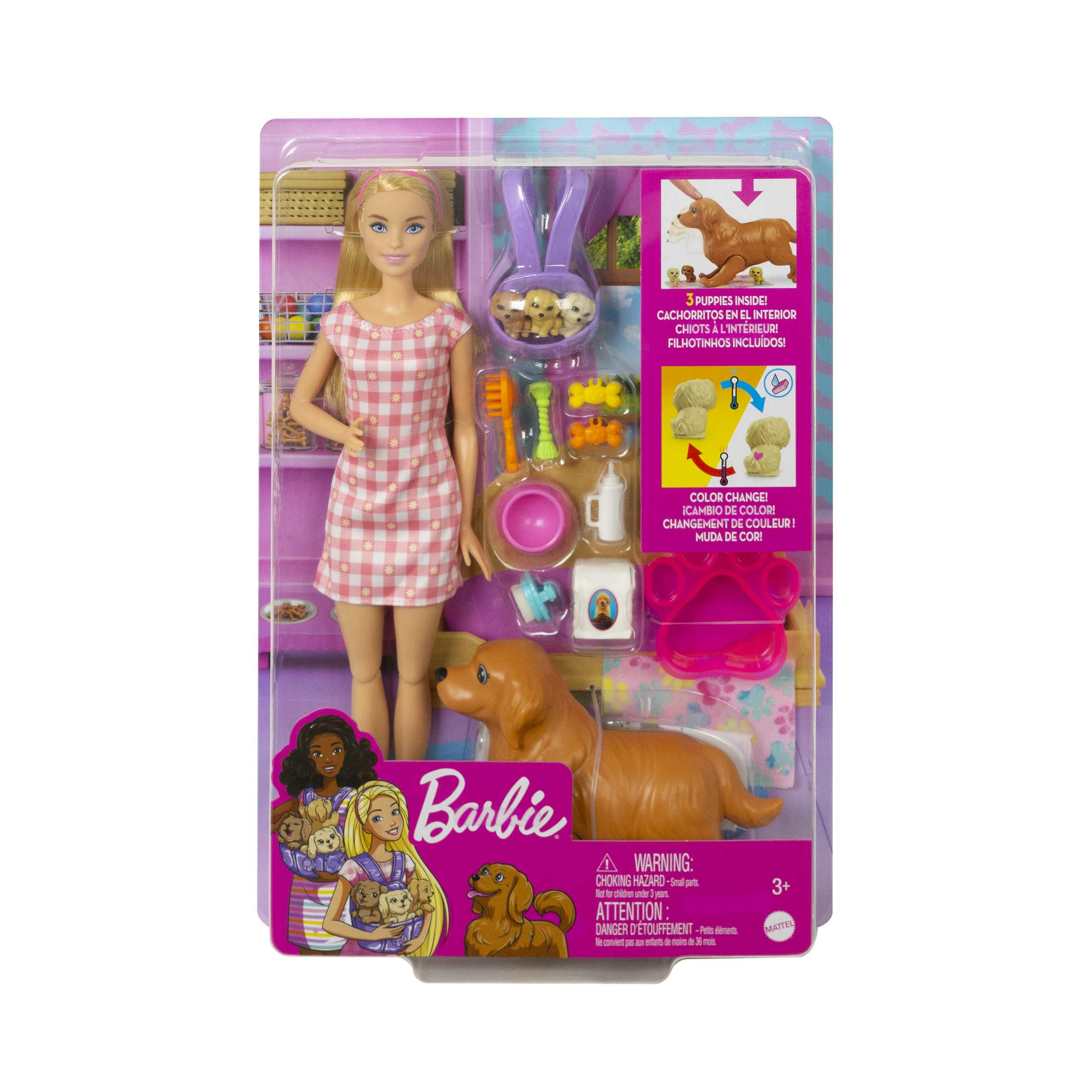 Barbie playset cuccioli appena nati con bambola barbie bionda cane che partorisce 3 cuccioli e funzione cambia colore e accessori per accudirli giocattolo per bambini 3 anni Toys Center