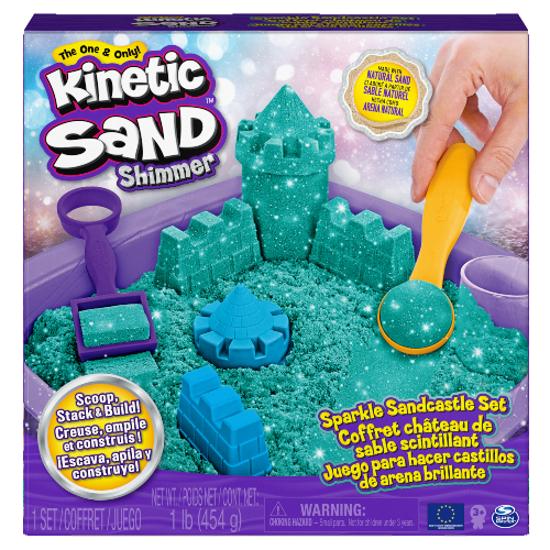  kinetic sand - castello di sabbia glitterata verde acqua, 5 formine e accessori - KINETIC SAND