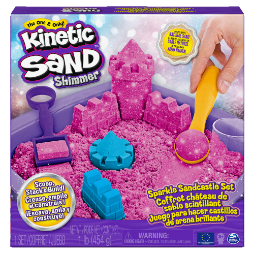  kinetic sand - castello di sabbia glitterata rosa, 5 formine e accessori - KINETIC SAND