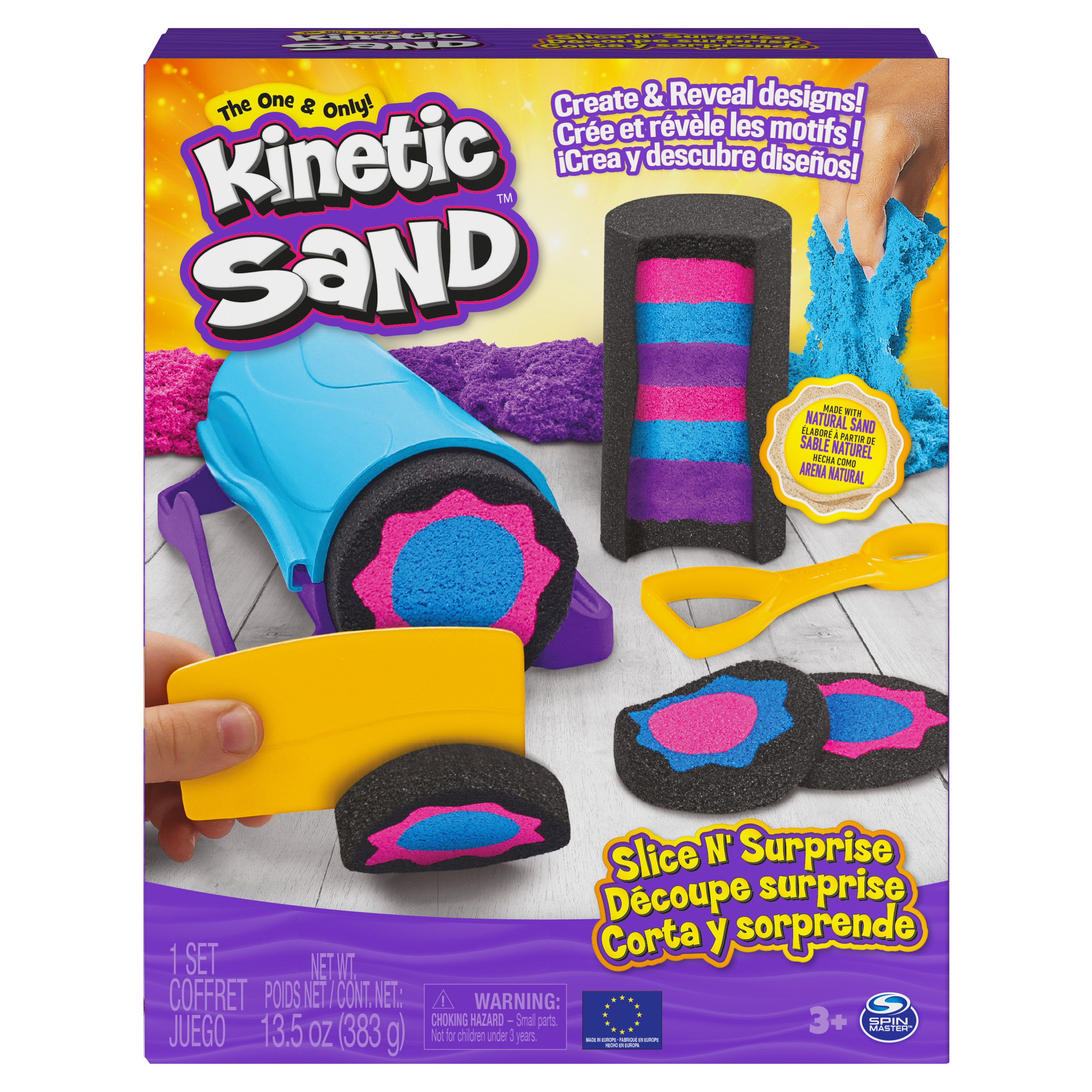 Kinetic sand, set slice n’ surprise con sabbia nera, rosa e blu e 7 accessori - KINETIC SAND