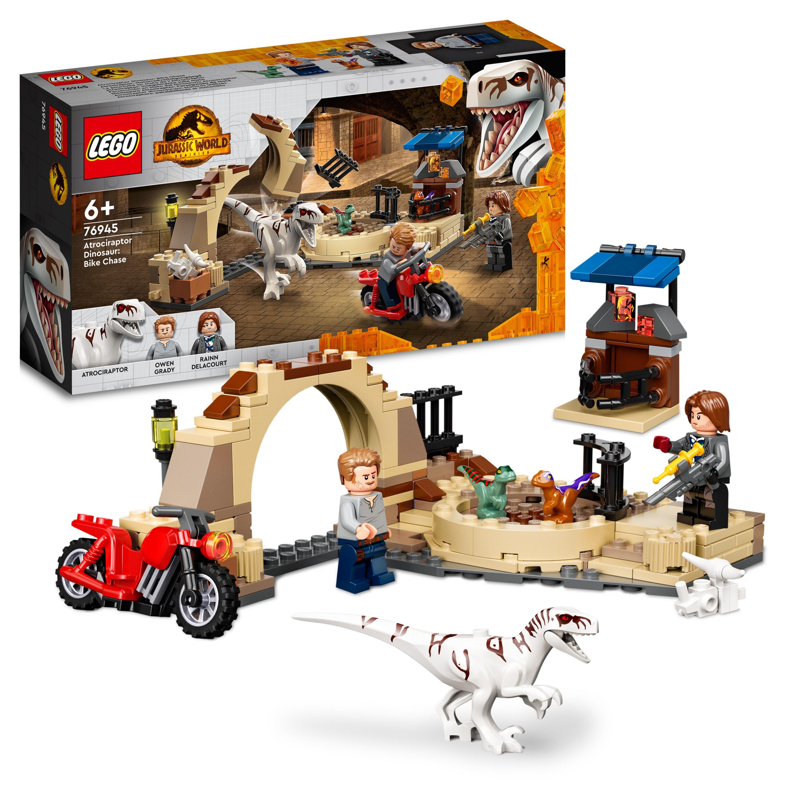 Lego jurassic world 76945 atrociraptor: inseguimento sulla moto, con dinosauro giocattolo, giochi per bambini di 6+ anni - Jurassic World, LEGO JURASSIC WORLD, Lego