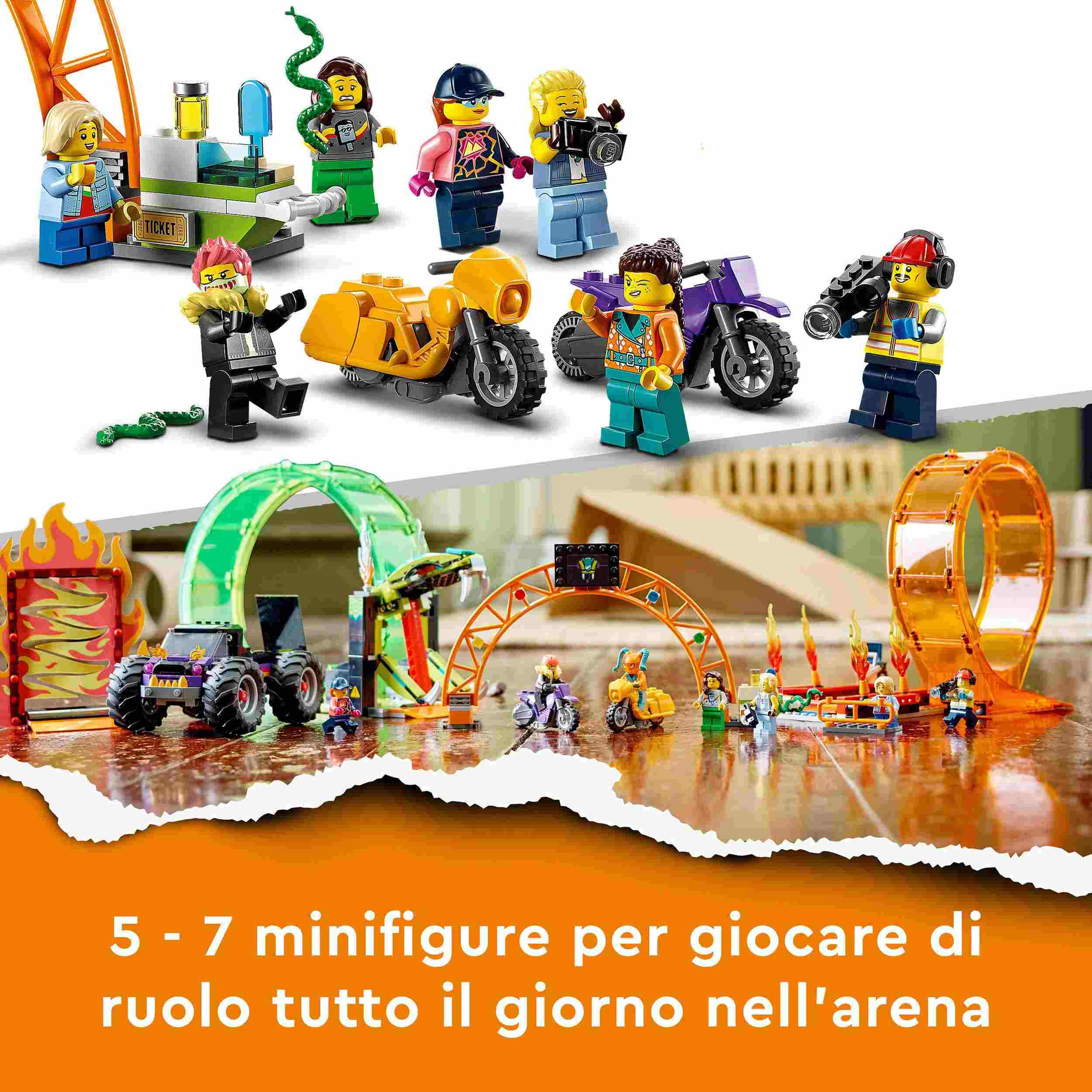 Lego city stuntz 60339 arena delle acrobazie, monster truck, moto giocattolo con minifigure, giochi per bambini dai 7 anni - LEGO CITY, LEGO CITY STUNTZ, Lego
