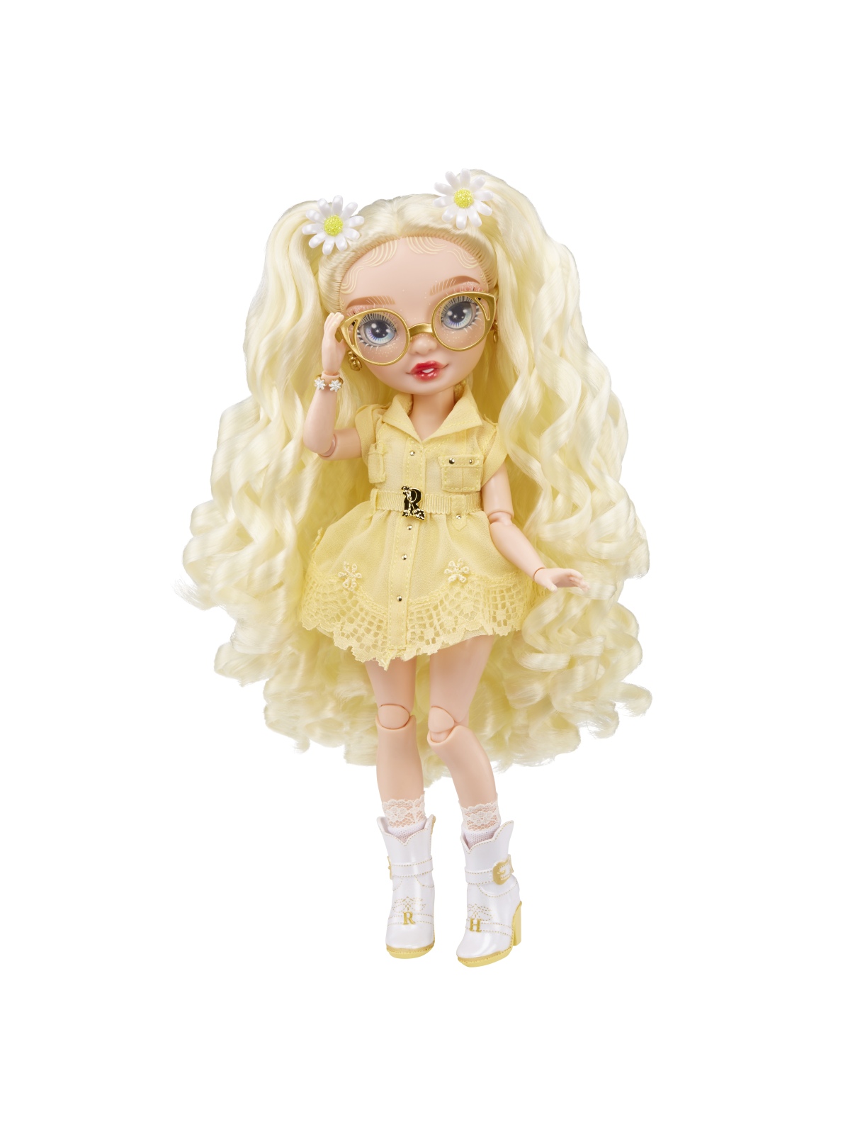 Rainbow high -  delilah fields - bambola alla moda color giallo - con albinismo e occhiali - include 2 abiti mix & match con accessori - Rainbow High