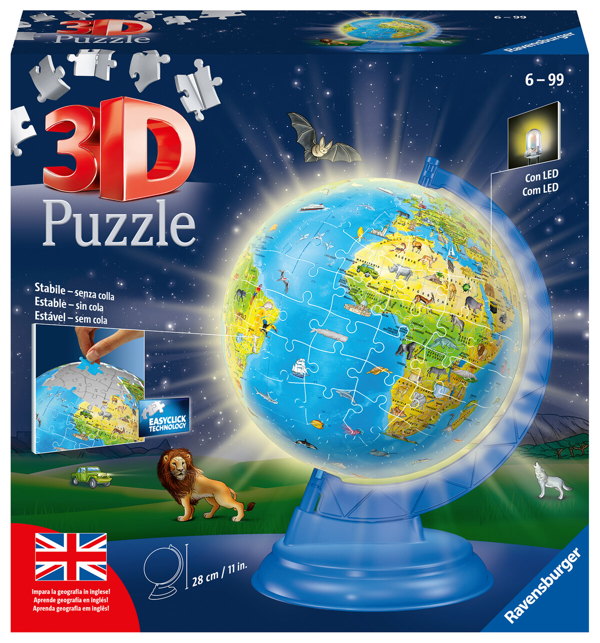 Ravensburger - 3d puzzle globo night edition con luce, impara la geografia in inglese, 180 pezzi, 6+ anni - RAVENSBURGER 3D PUZZLE