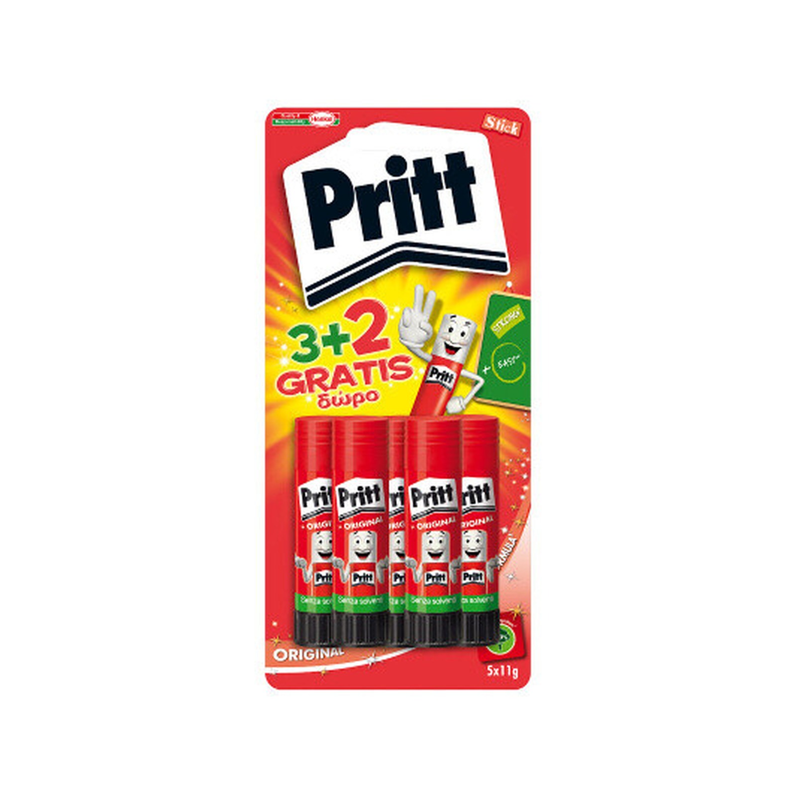 Colla stick pritt 11 grammi, confezione di 3 pezzi + 2 gratis - 