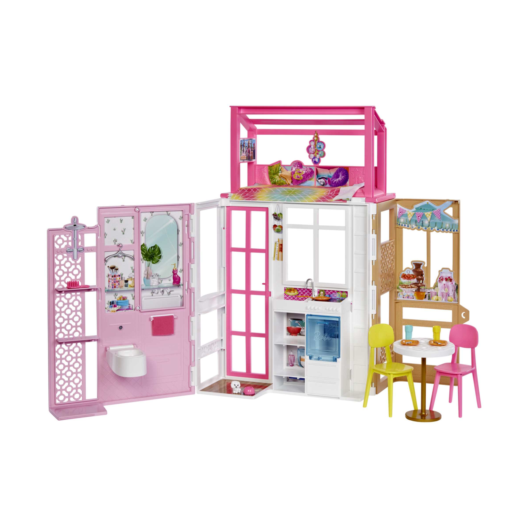 Barbie casa a 2 piani, con 4 aree gioco, completamente ammobiliata, casa di barbie con cucciolo e accessori, regalo e giocattolo per bambini 3+ anni - Barbie