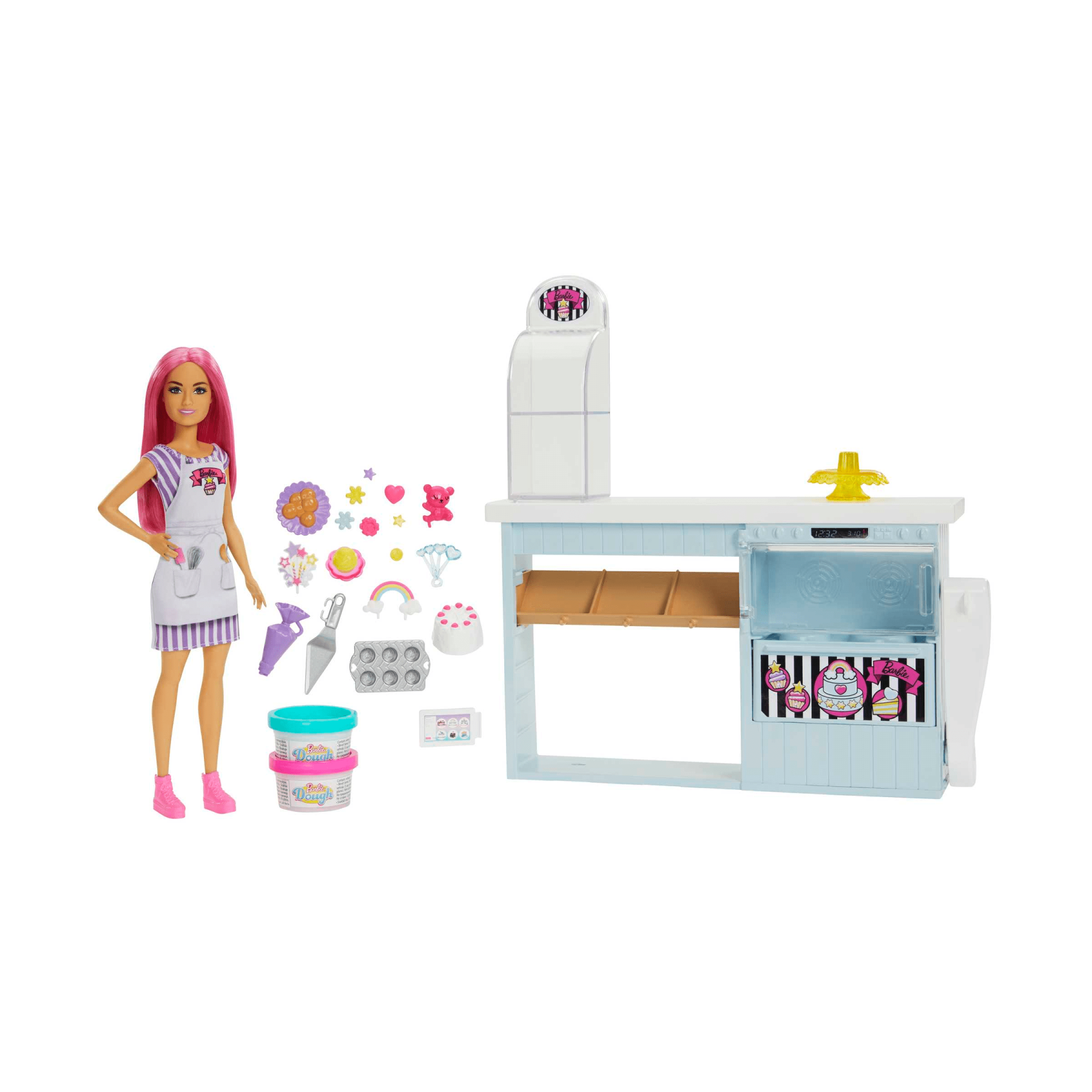 Barbie pasticceria playset con bambola petite capelli rosa, +20 pezzi realistici: 2 barattolini di pasta modellabile, decorazioni e altri accessori, giocattolo per bambini 3+ anni - Barbie