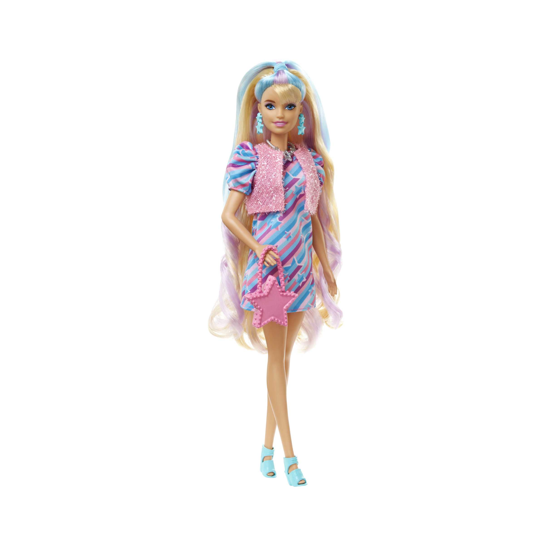 Barbie super chioma bambola con abito a stelle, capelli fantasia lunghi 21,6 cm, abito, 15 accessori alla moda (8 con effetto cambia colore), per bambini dai 3 anni in su - Barbie