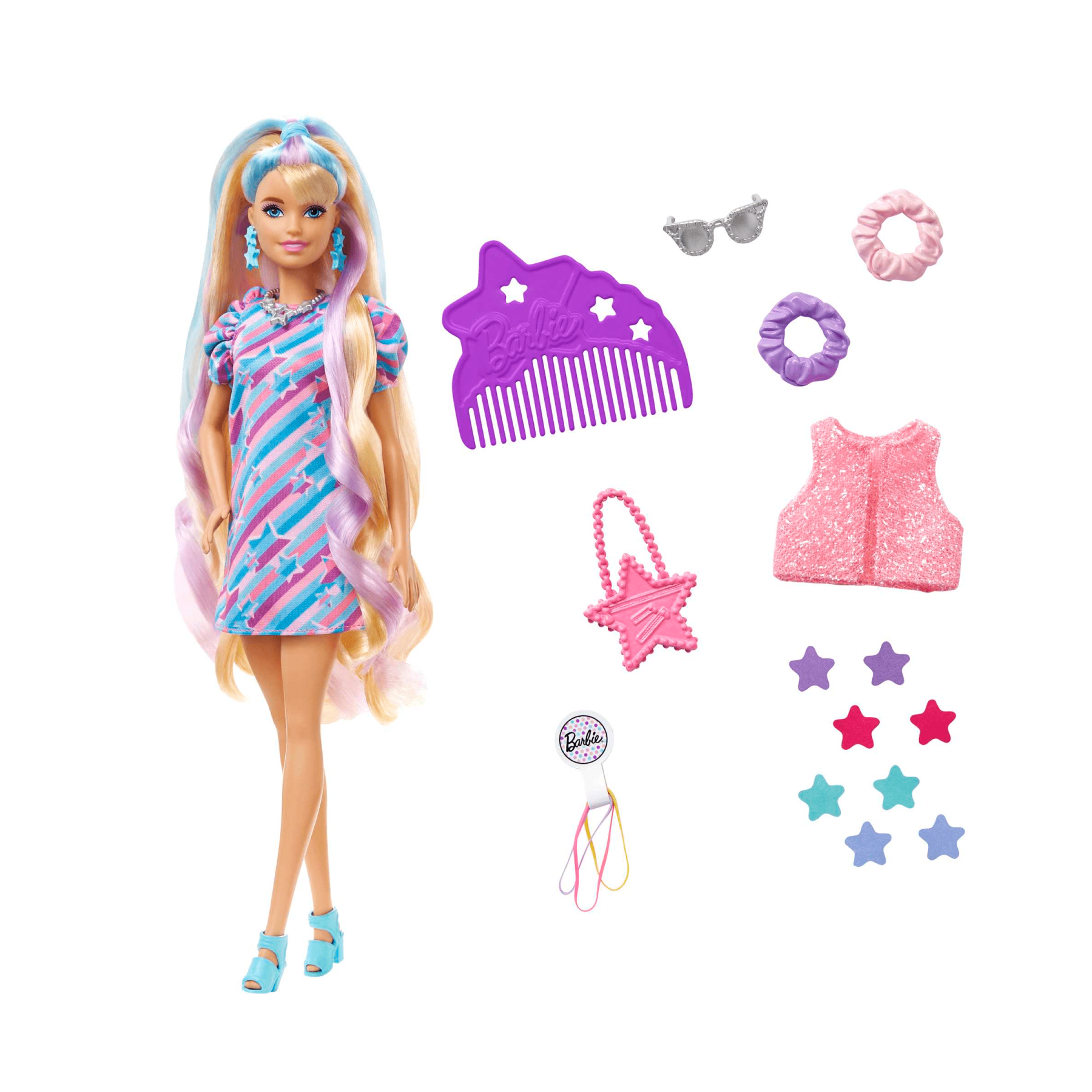 Barbie super chioma bambola con abito a stelle, capelli fantasia lunghi 21,6 cm, abito, 15 accessori alla moda (8 con effetto cambia colore), per bambini dai 3 anni in su - Barbie