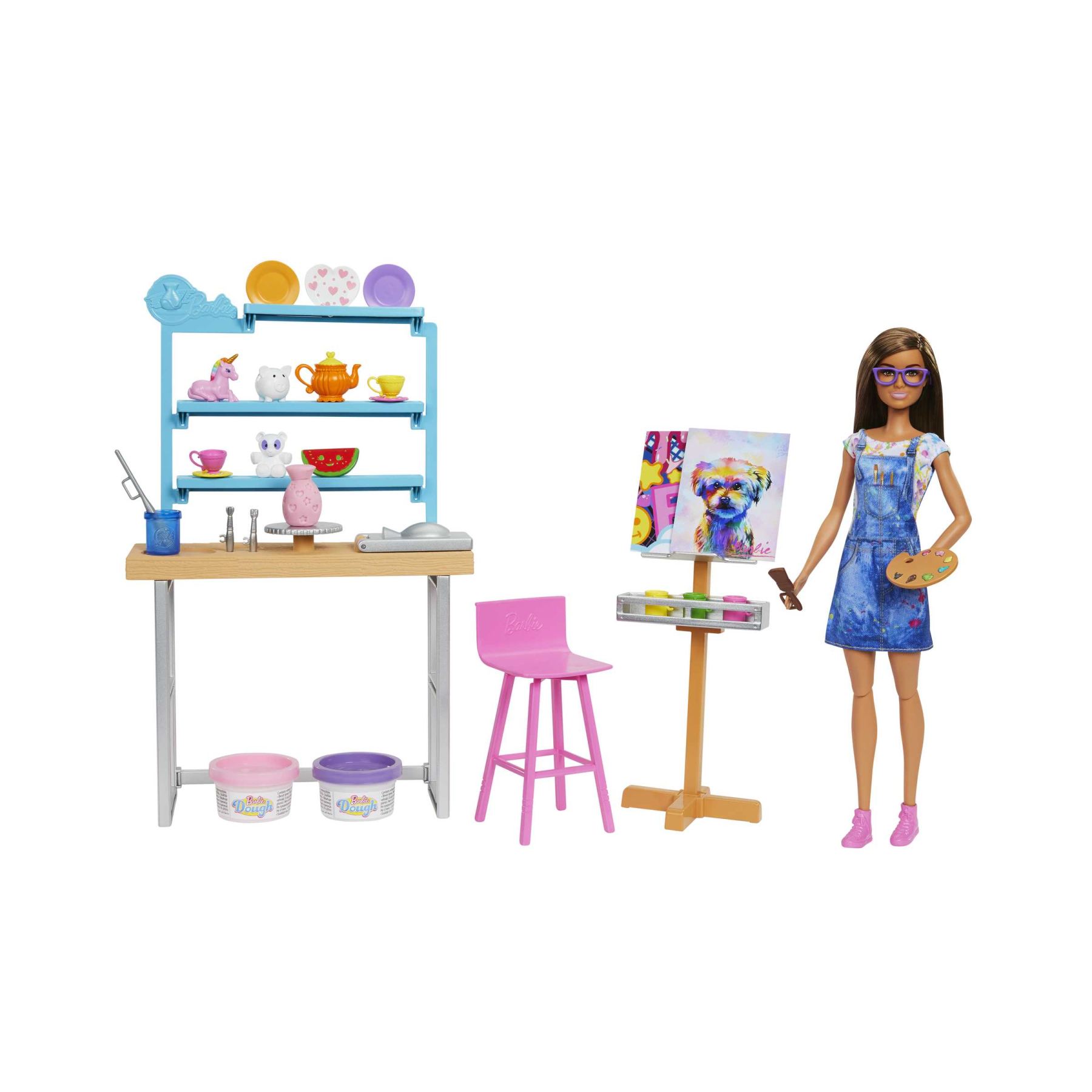 Barbie studio d'arte creatività e relax, bambola barbie, oltre 25 accessori per creare e dipingere, pasta da modellare, stampi, tele e altro ancora, giocattolo per bambini dai 3 ai 7 anni - Barbie