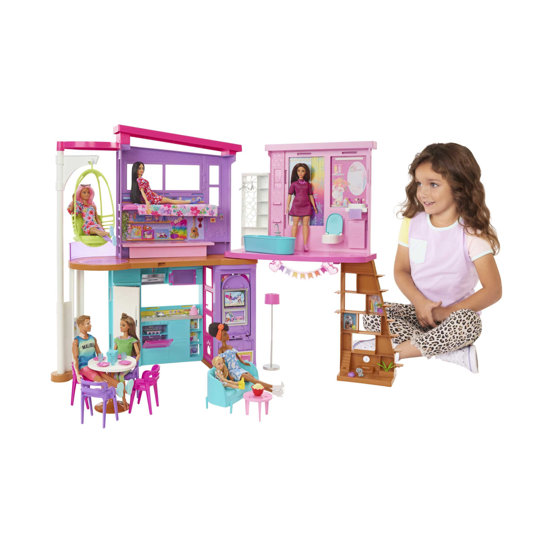 Barbie casa di malibu (106 cm) playset casa delle bambole con 2 piani, 6 stanze, ascensore, altalena e +30 accessori, giocattolo per bambini 3+ anni - Barbie