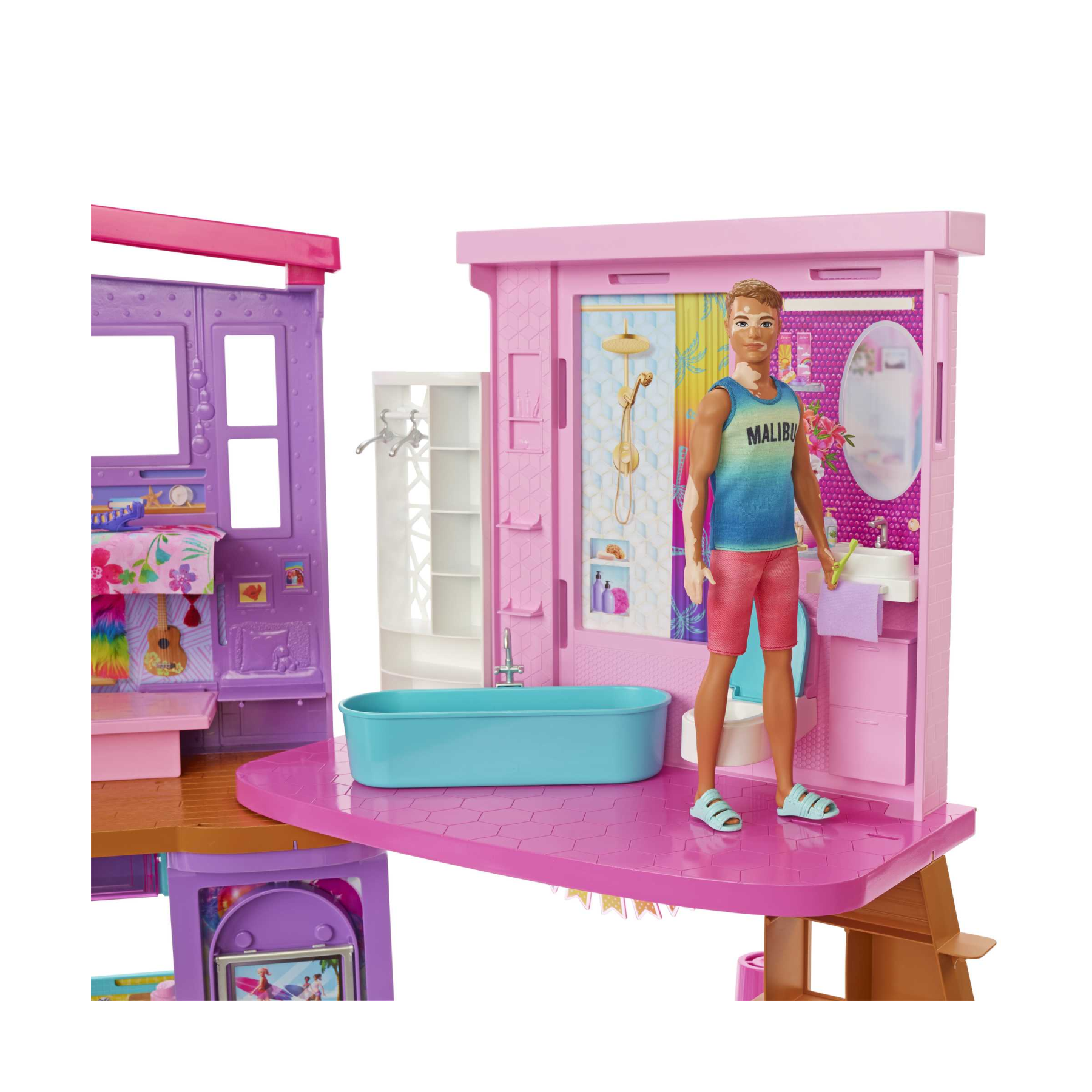 Barbie casa di malibu (106 cm) playset casa delle bambole con 2 piani, 6 stanze, ascensore, altalena e +30 accessori, giocattolo per bambini 3+ anni - Barbie