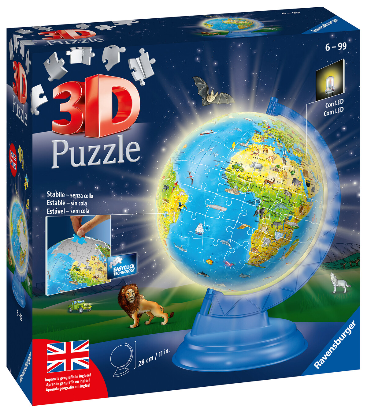 Ravensburger - 3d puzzle globo night edition con luce, impara la geografia in inglese, 180 pezzi, 6+ anni - RAVENSBURGER 3D PUZZLE