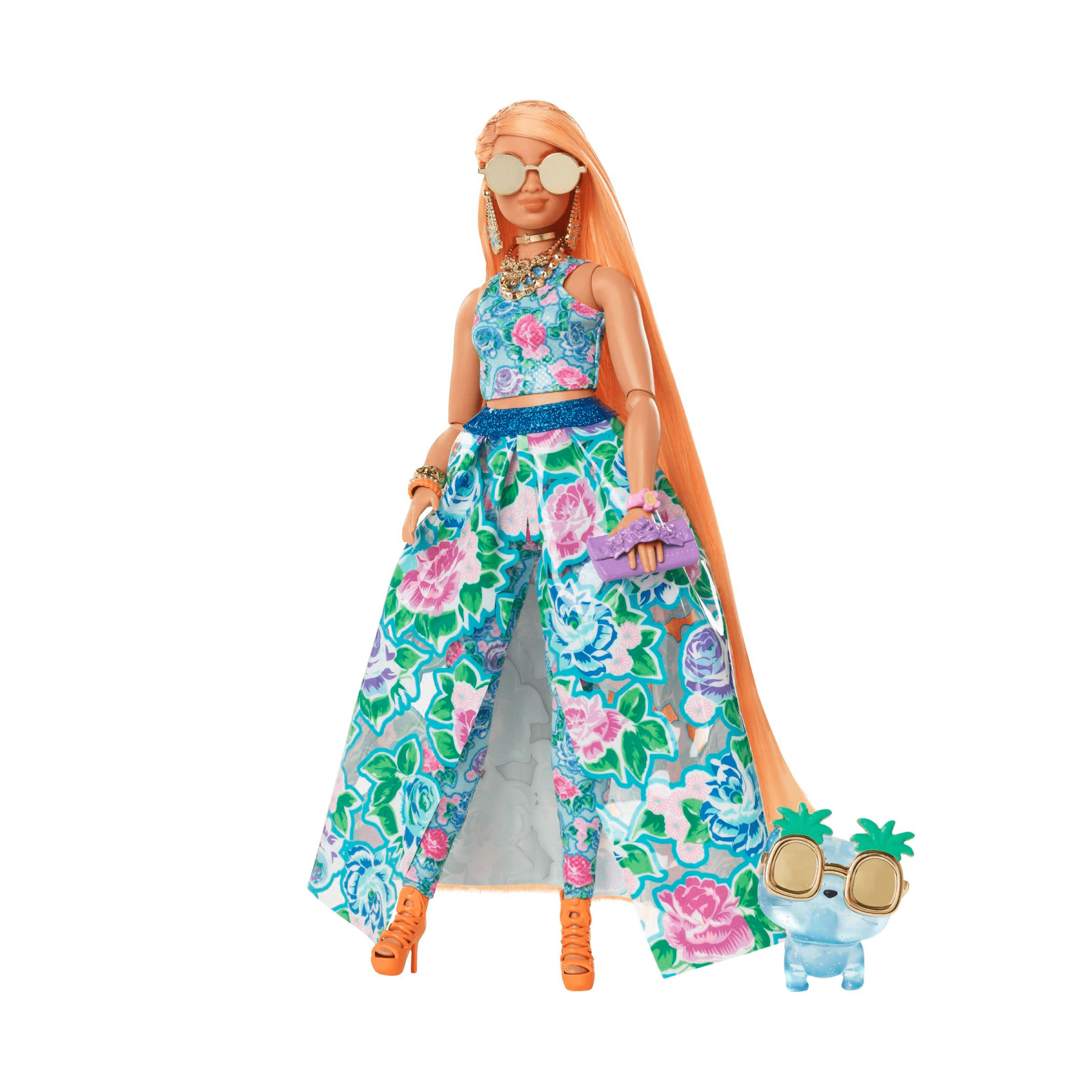 Barbie extra fancy, bambola curvy con completo floreale da 2 pezzi