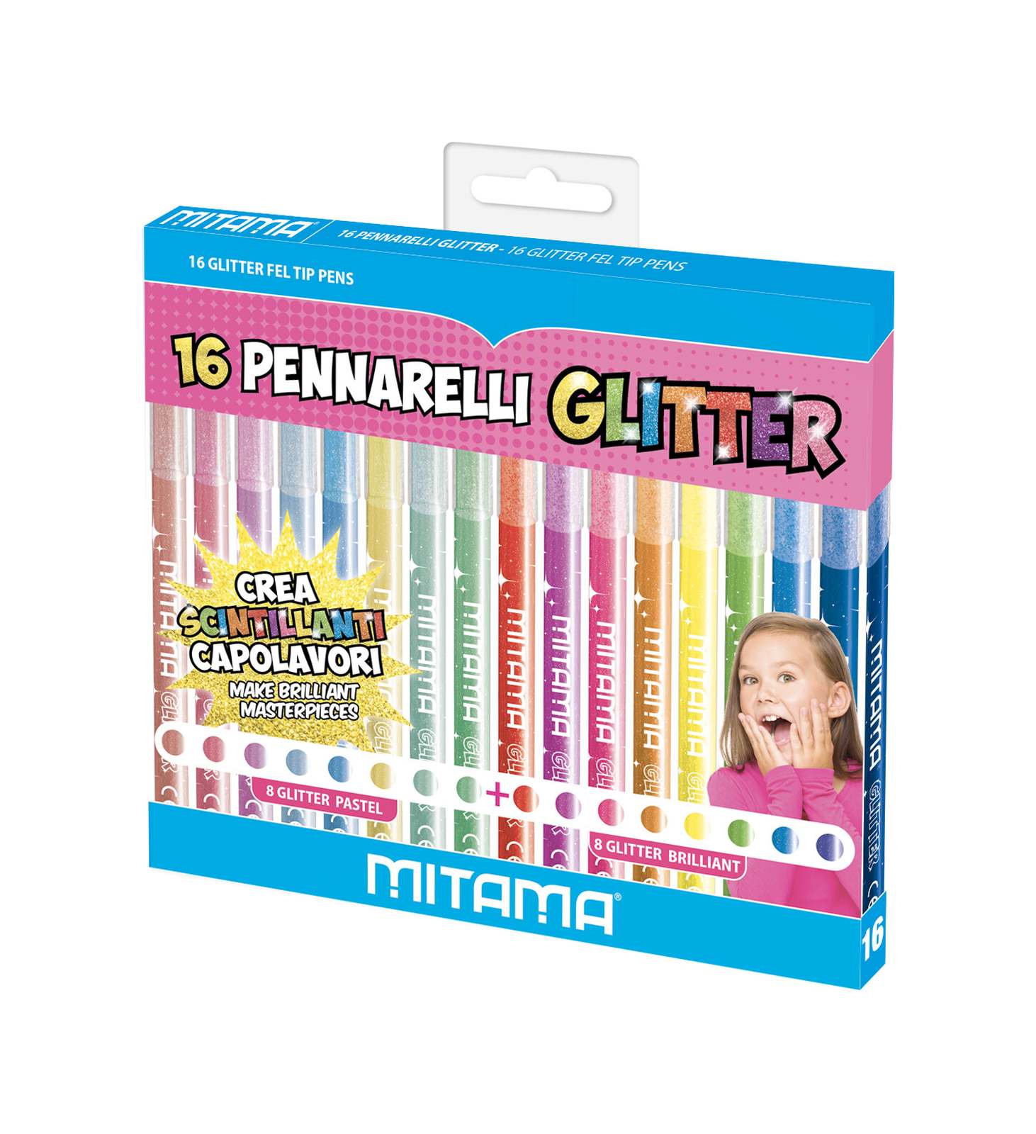 Pennarelli glitter triangolari, confezioni 16 pz (8 pastel + 8 brillanti) -  Toys Center